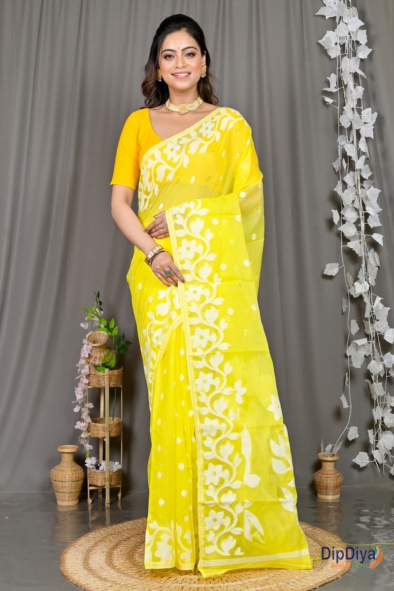 Yellow Cotton Blended Parinit Jamdani Saree (346)