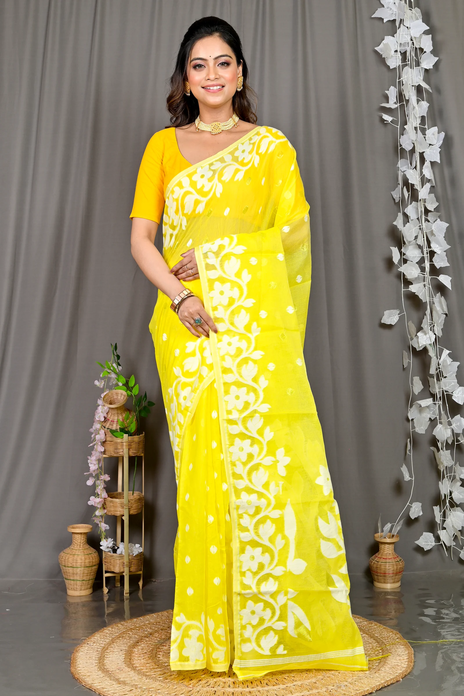 Yellow Cotton Blended Parinit Jamdani Saree (346)