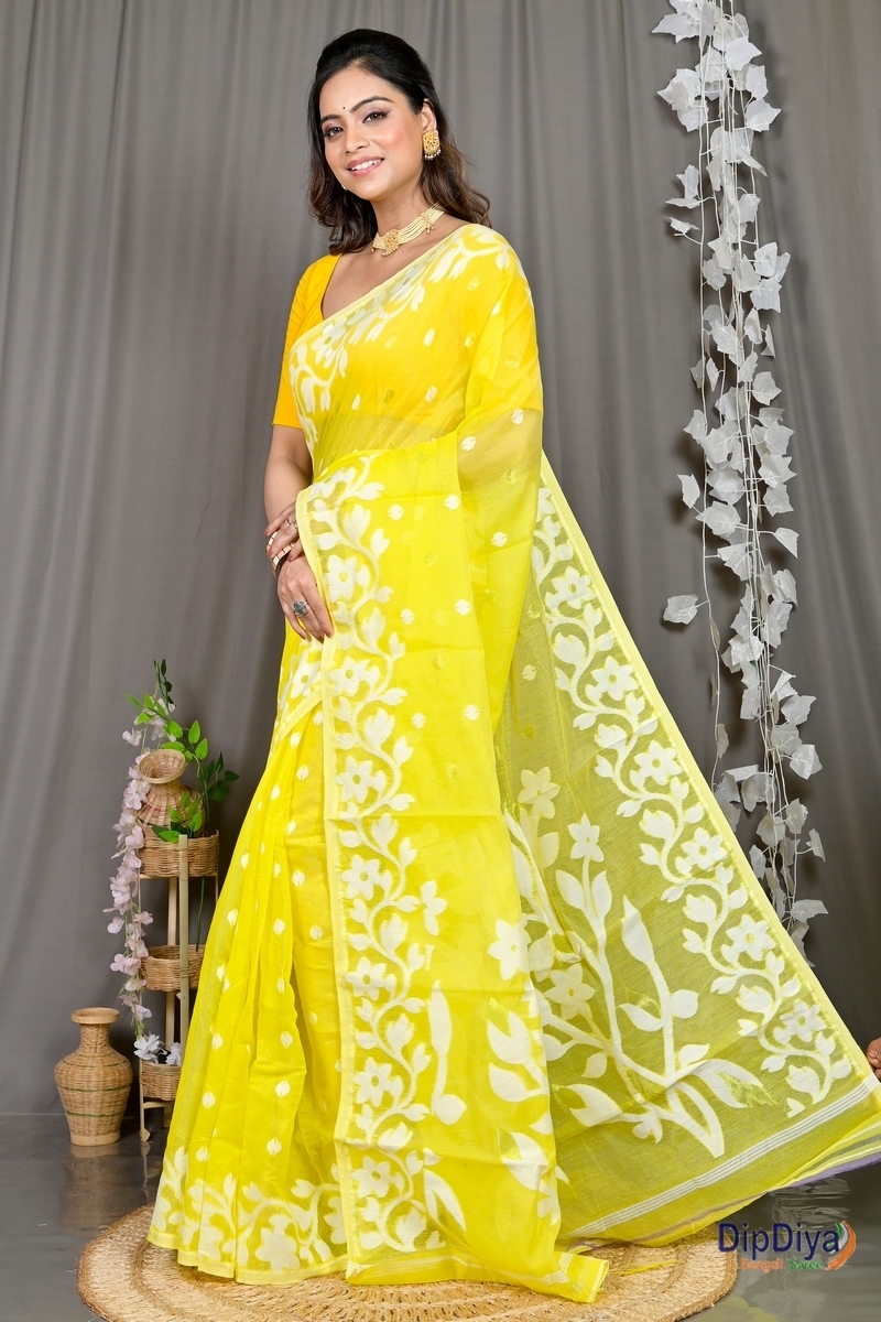 Yellow Cotton Blended Parinit Jamdani Saree (346)