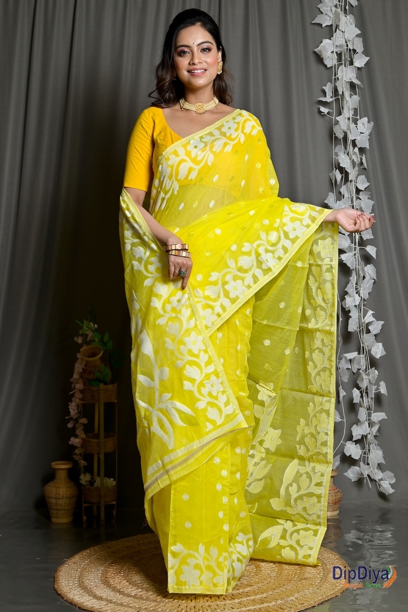Yellow Cotton Blended Parinit Jamdani Saree (346)