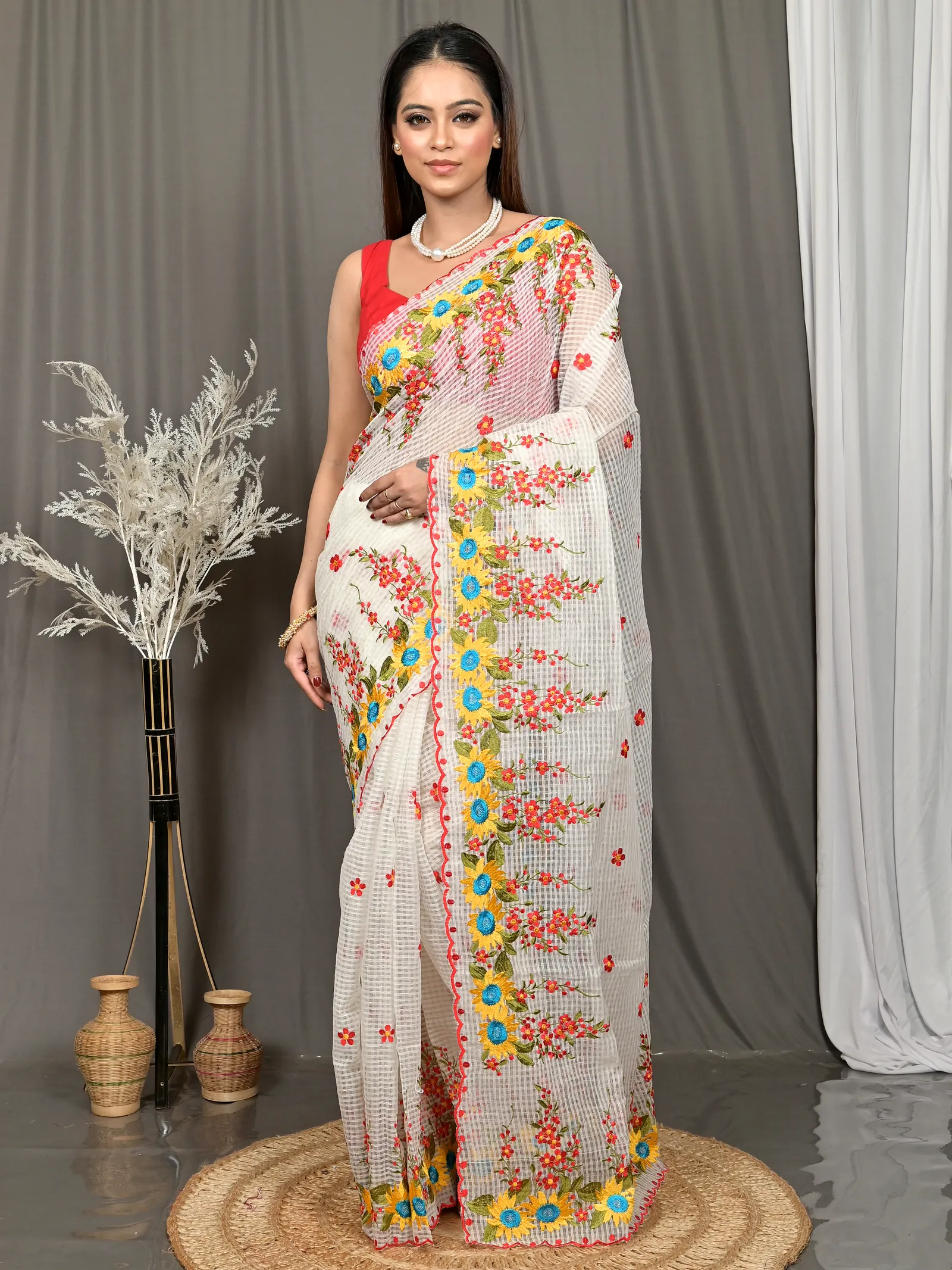 Off White Cotton Kotambo Mix Kota Embroidery Saree  (35)