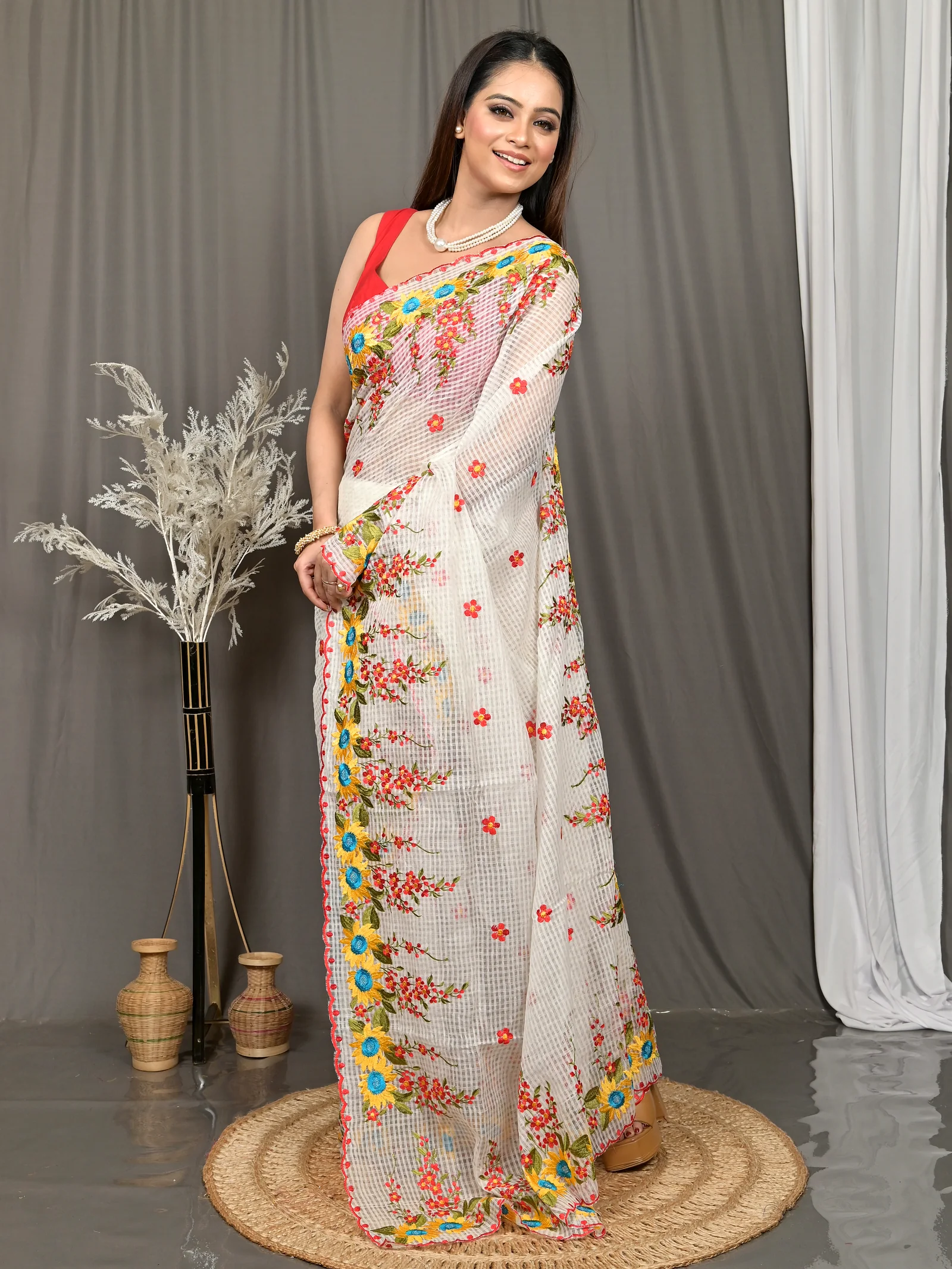 Off White Cotton Kotambo Mix Kota Embroidery Saree  (35)