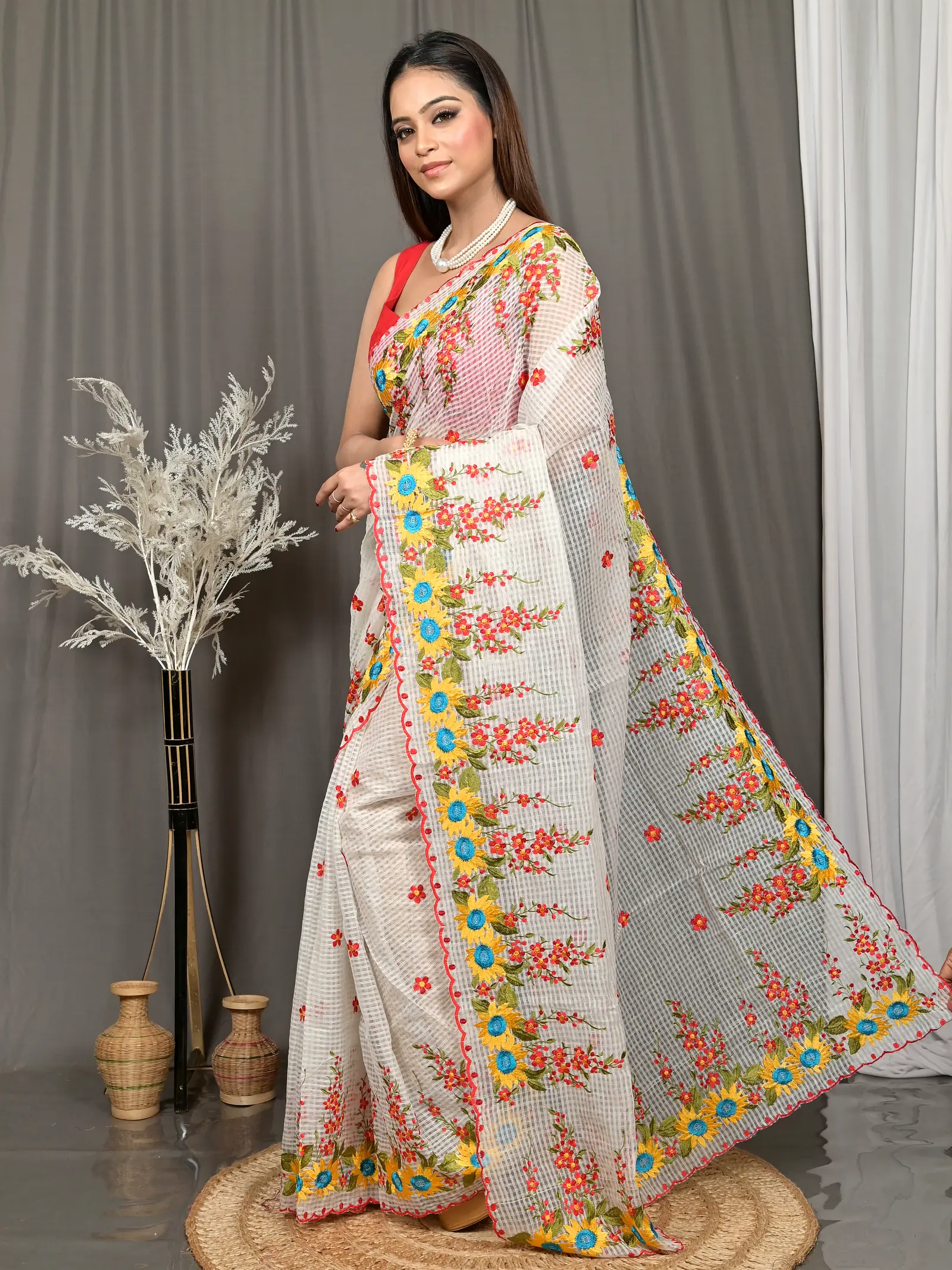 Off White Cotton Kotambo Mix Kota Embroidery Saree  (35)