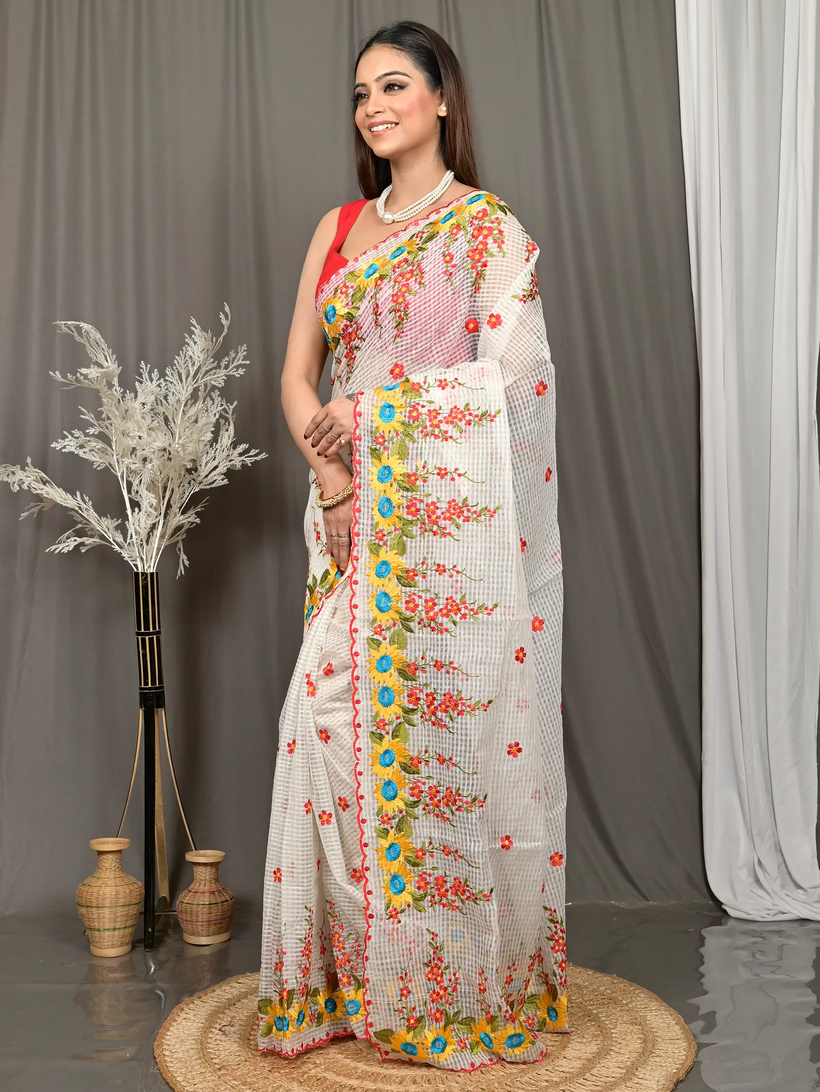 Off White Cotton Kotambo Mix Kota Embroidery Saree  (35)