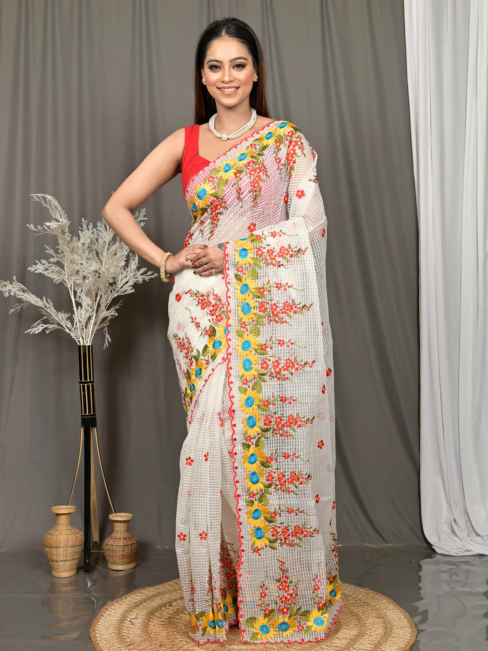 Off White Cotton Kotambo Mix Kota Embroidery Saree  (35)
