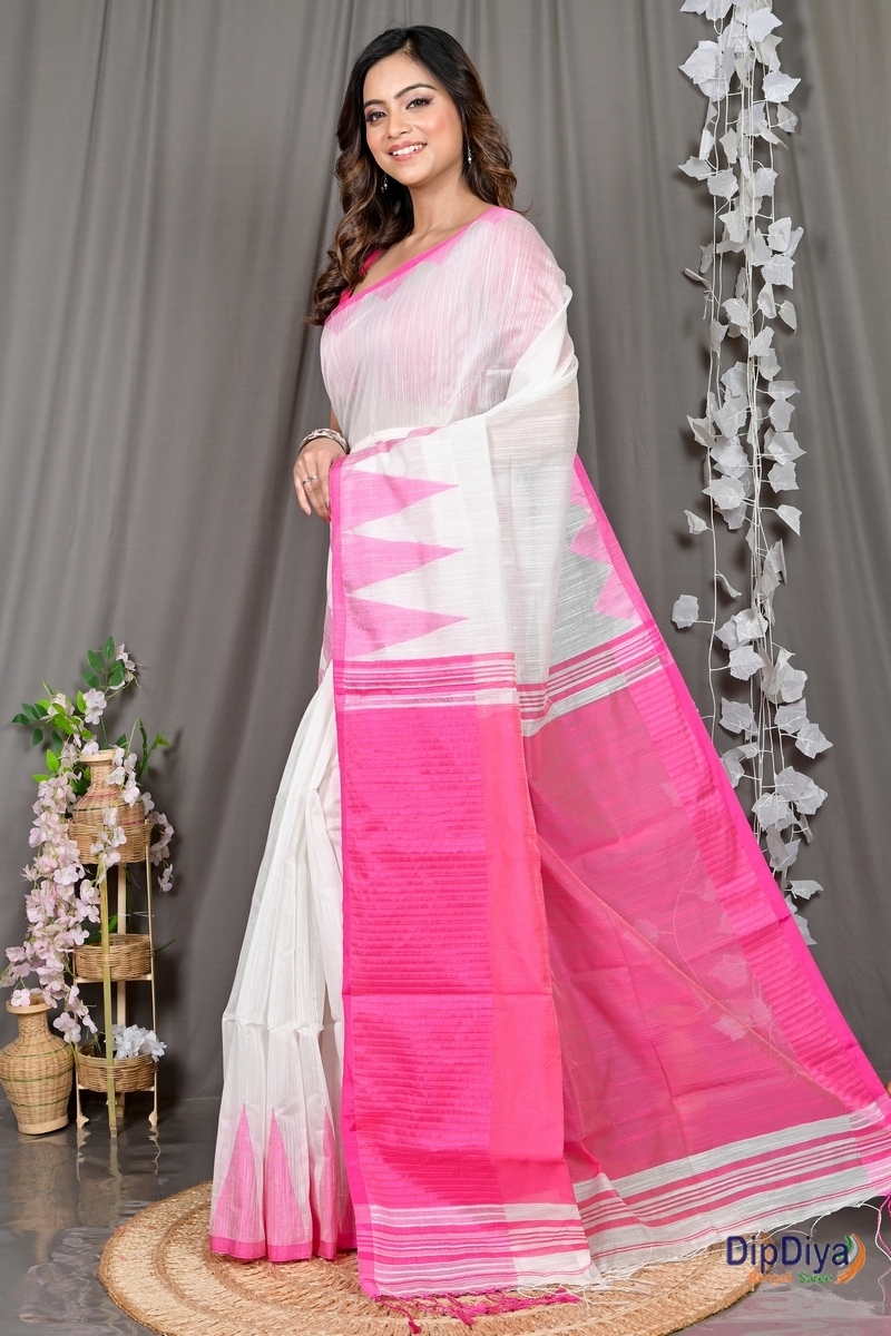 White Cotton Blended Pariva Hand Loom Saree (351)