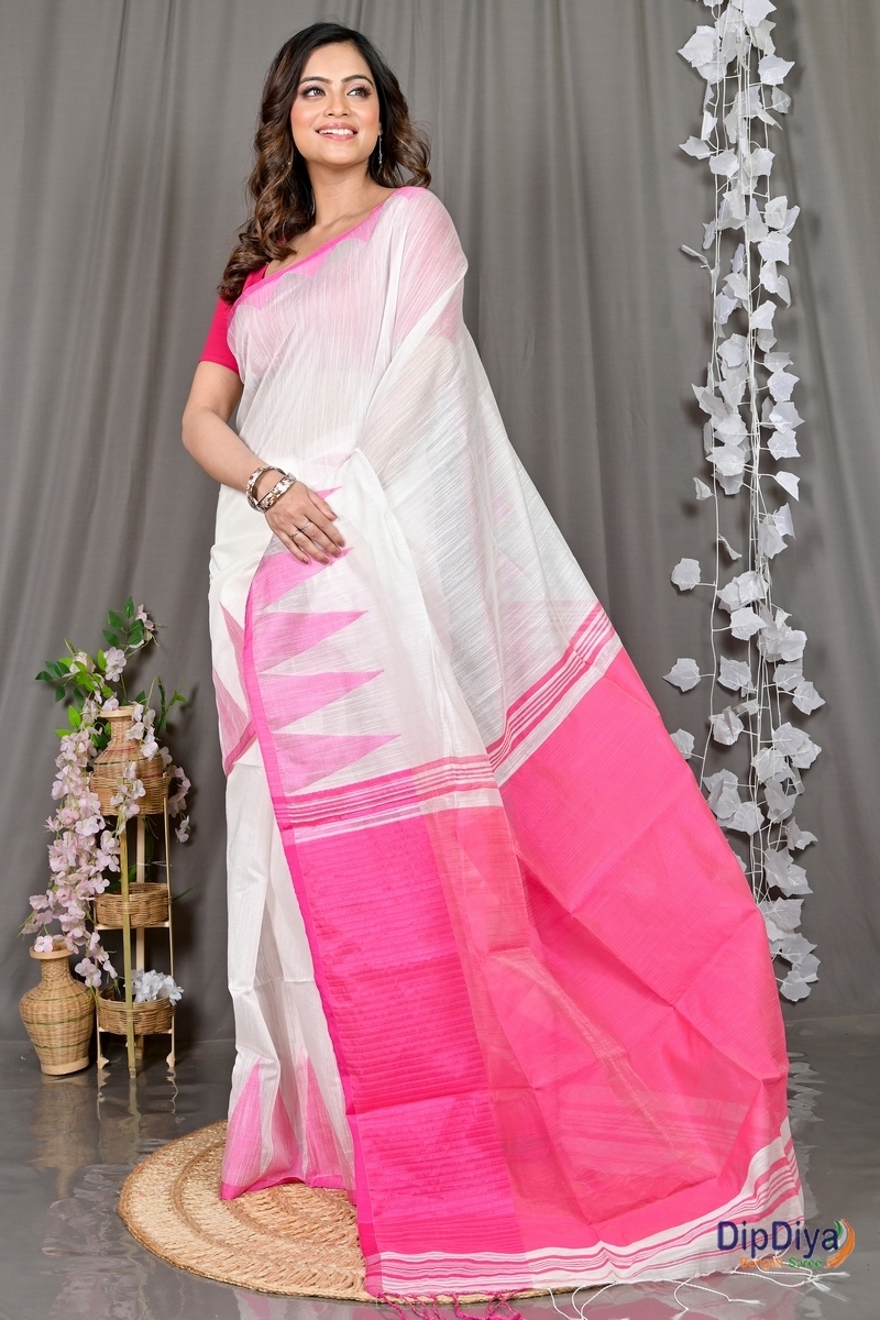 White Cotton Blended Pariva Hand Loom Saree (351)