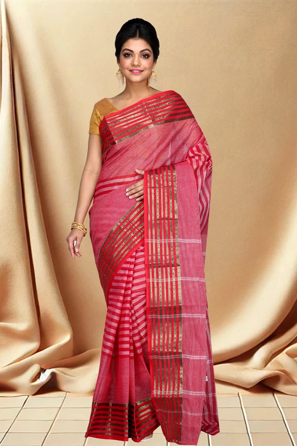 Red Pure Cotton Zori Border Tant Saree (352)