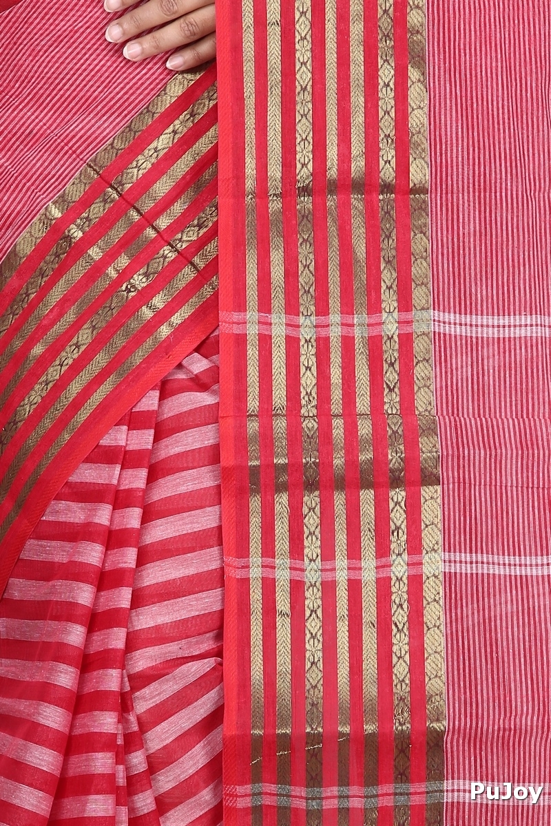 Red Pure Cotton Zori Border Tant Saree (352)