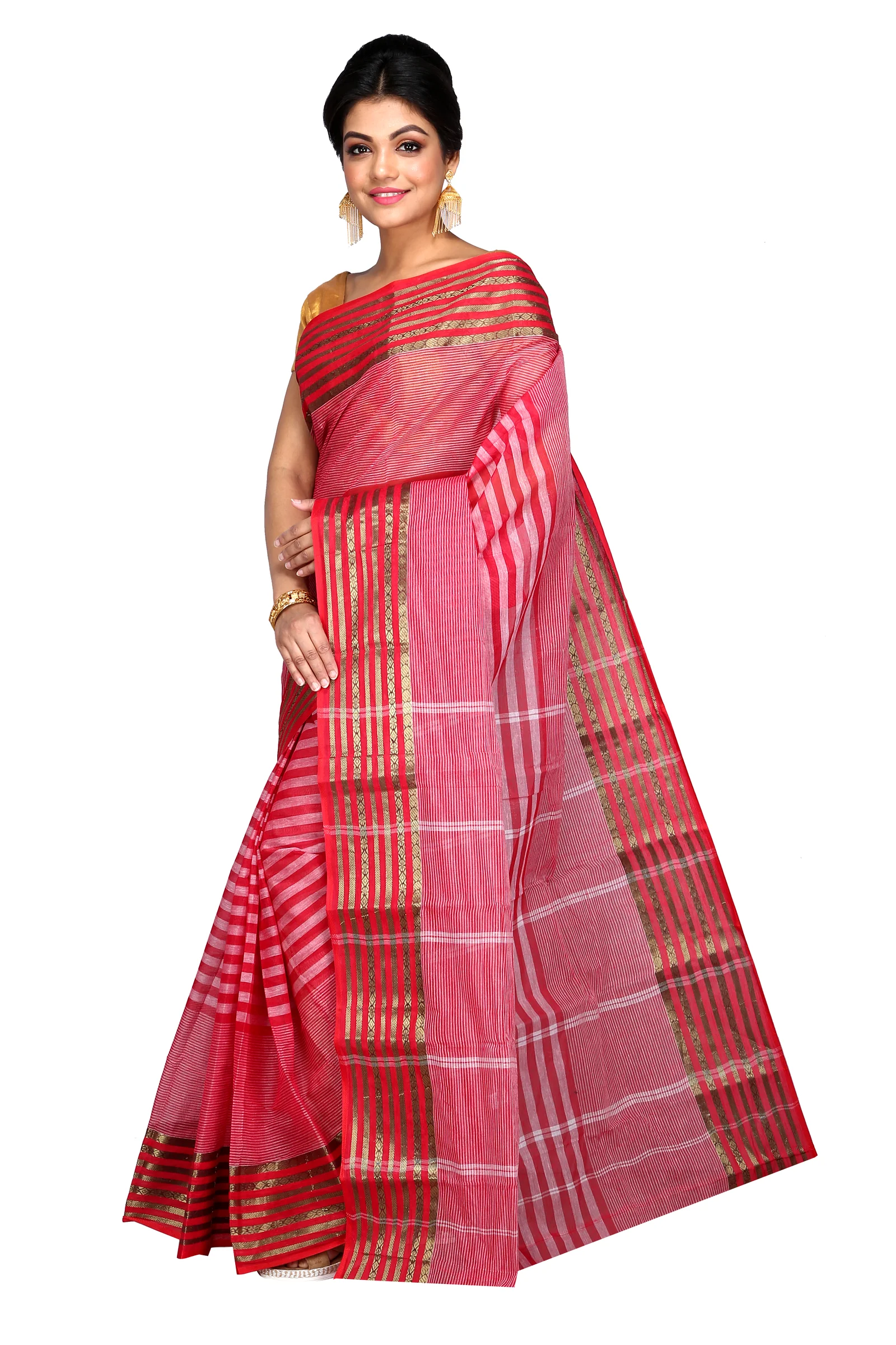 Red Pure Cotton Zori Border Tant Saree (352)