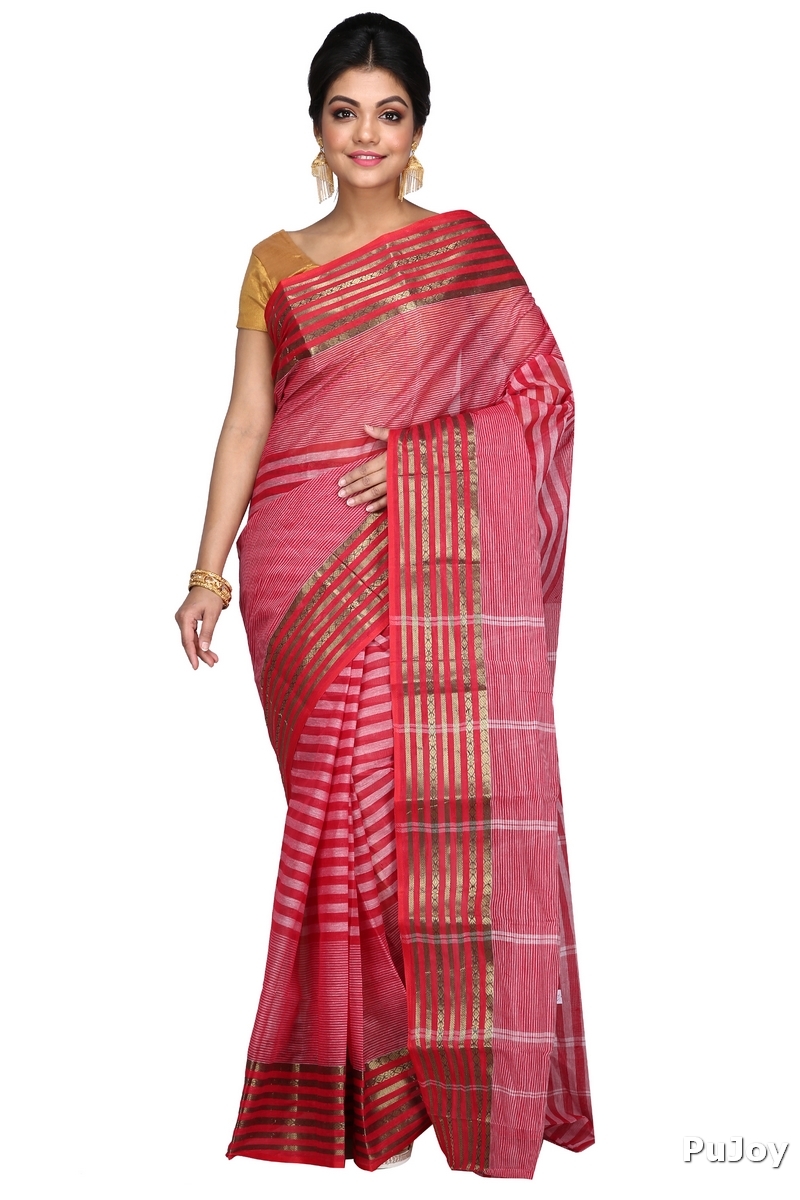 Red Pure Cotton Zori Border Tant Saree (352)