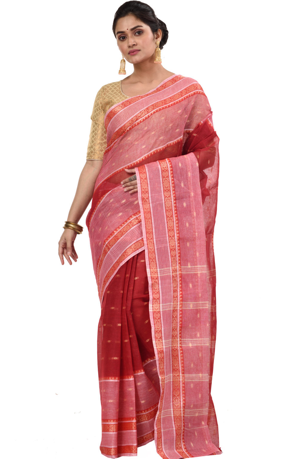 Red Pure Cotton Debdash Tant Saree (353)