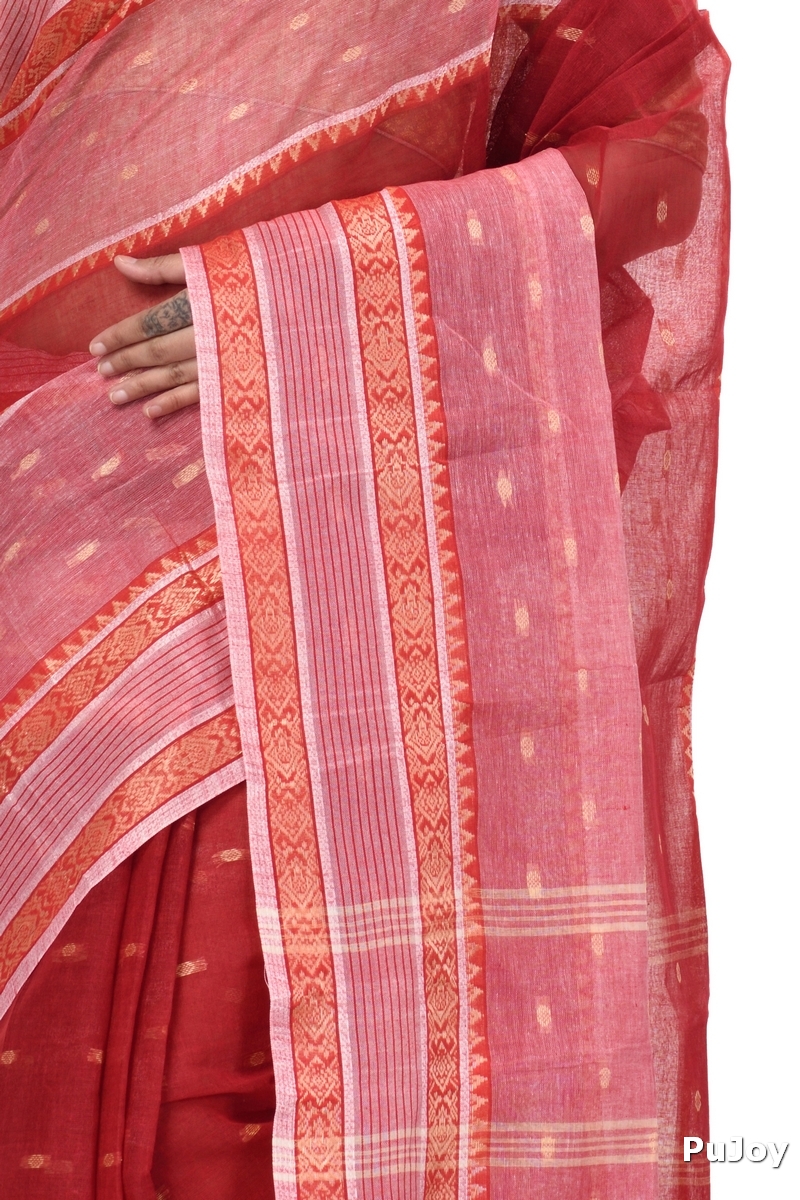 Red Pure Cotton Debdash Tant Saree (353)