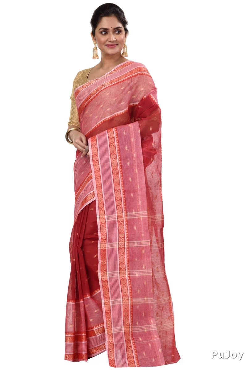Red Pure Cotton Debdash Tant Saree (353)