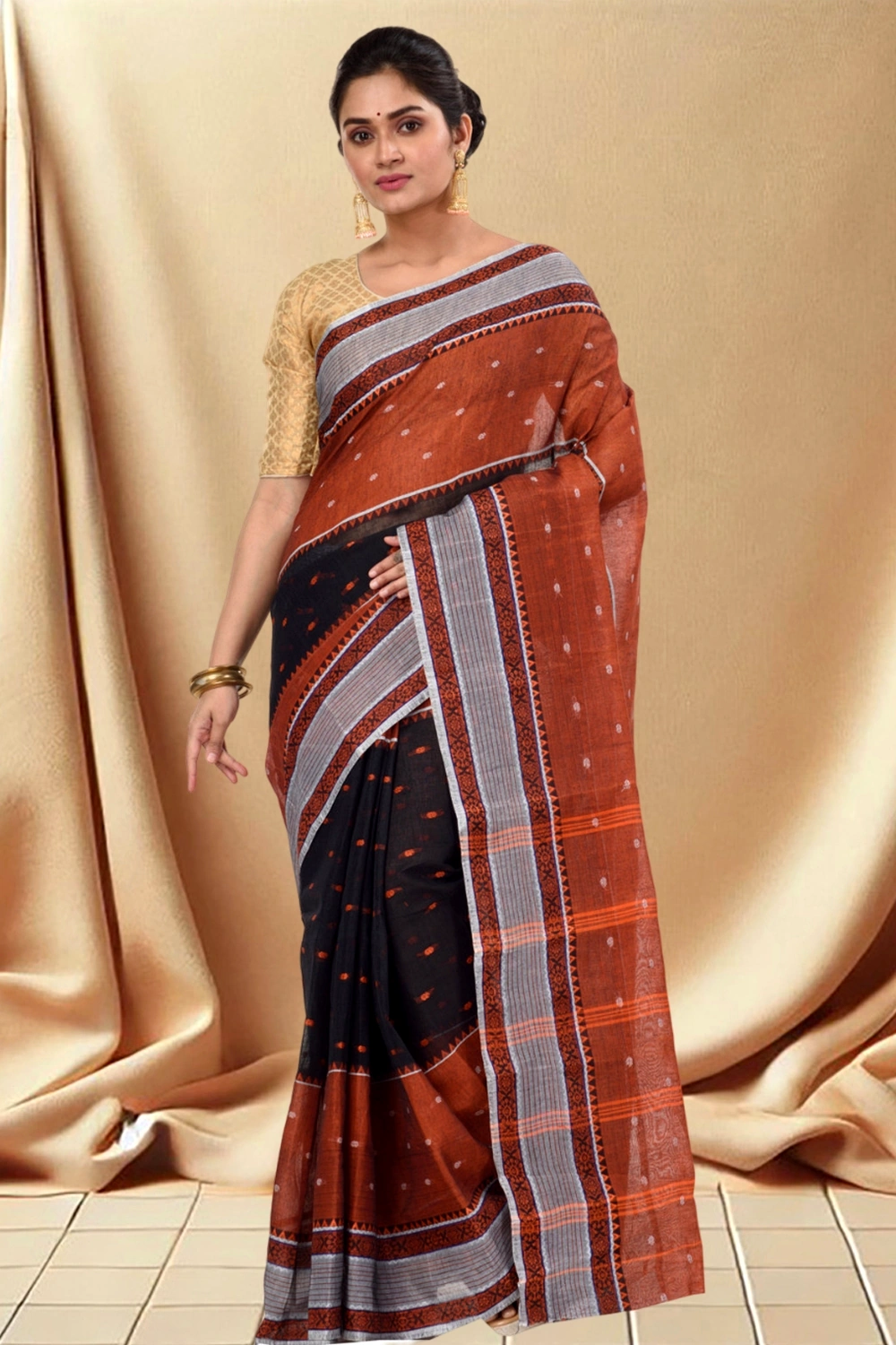 Black Pure Cotton Debdash Tant Saree (357)