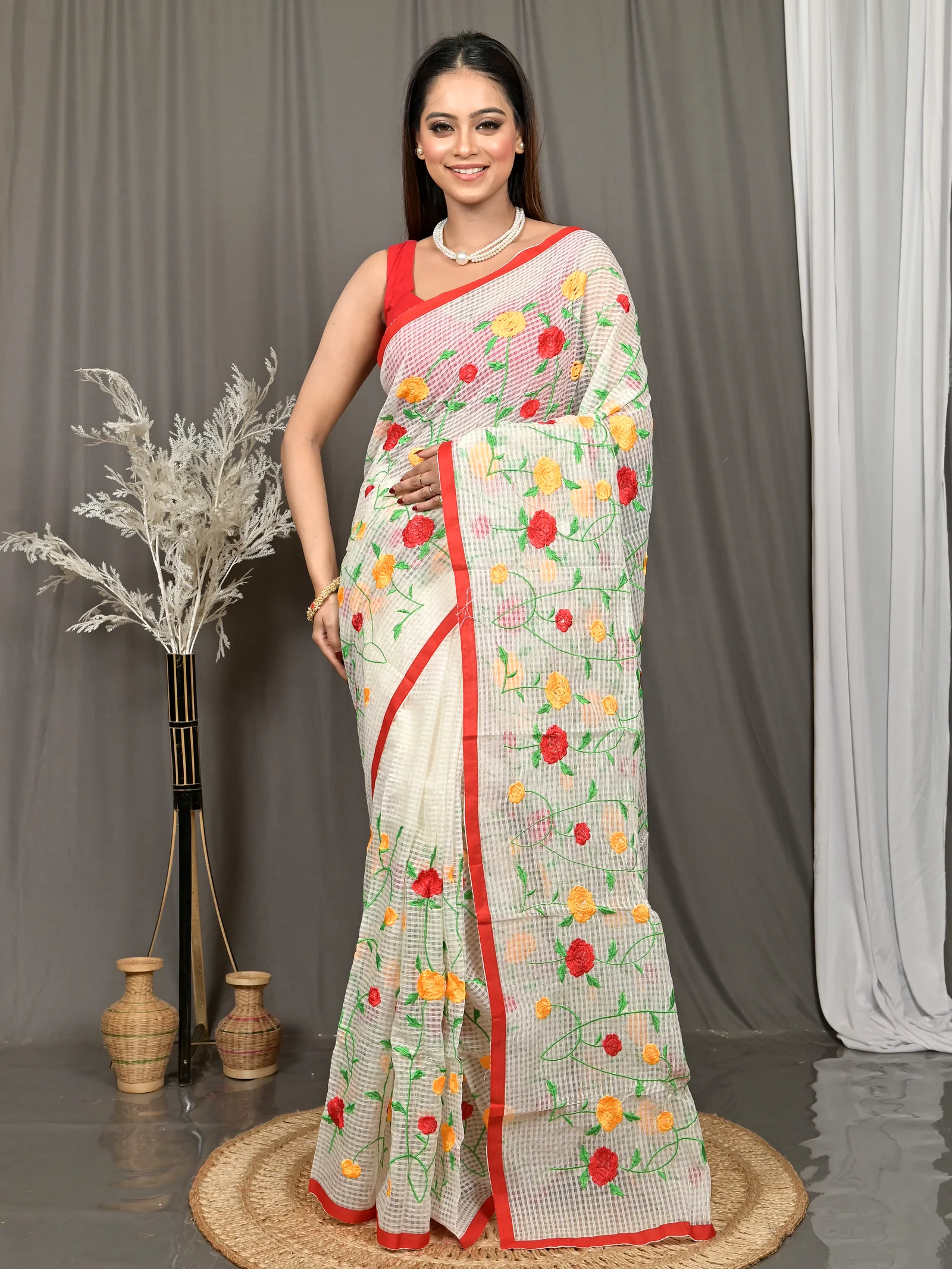 Off-White Cotton Kotambo Mix Kota Embroidery Saree  (36)