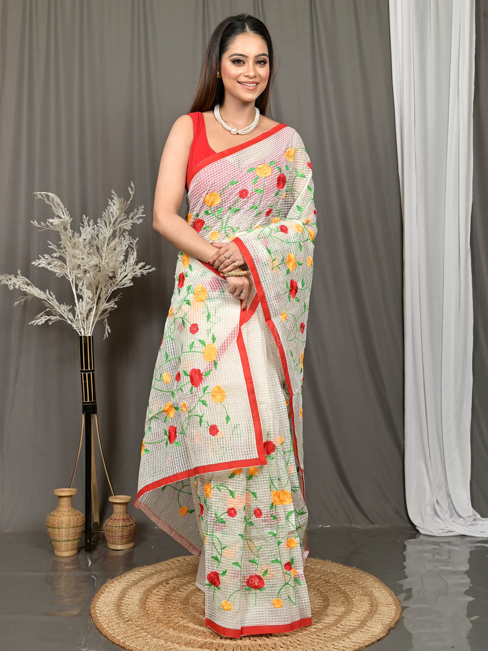 Off-White Cotton Kotambo Mix Kota Embroidery Saree  (36)