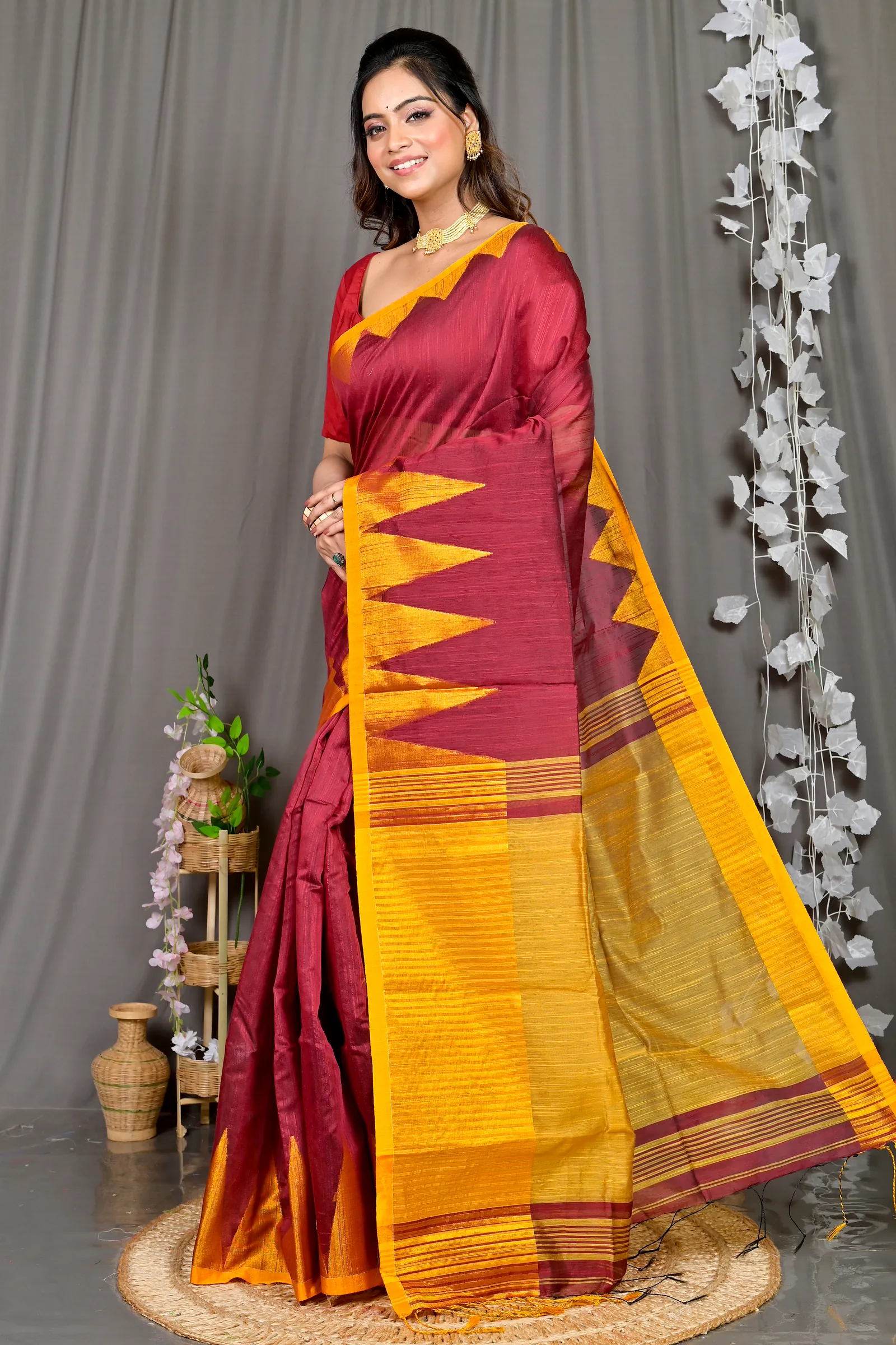 Maroon Cotton Blended Pariva Hand Loom Saree (363)