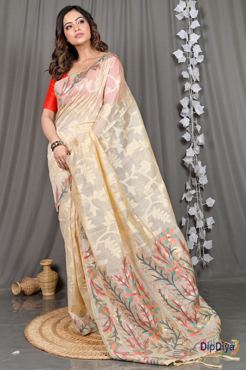 Cream Cotton Silk Parmix Hand Loom Saree (364)