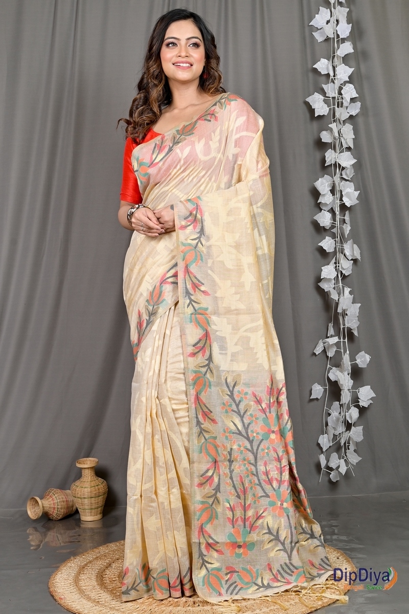 Cream Cotton Silk Parmix Hand Loom Saree (364)
