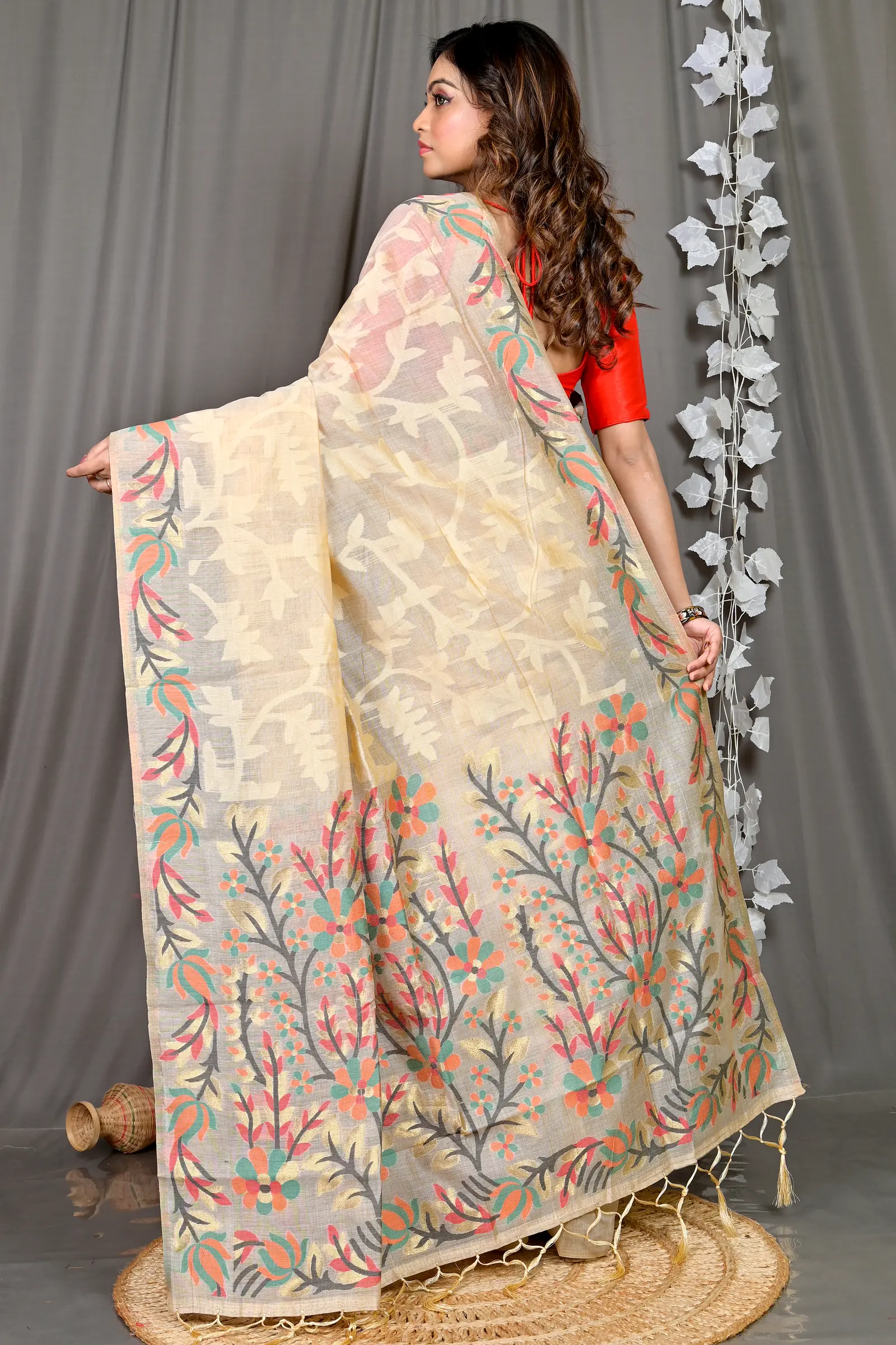 Cream Cotton Silk Parmix Hand Loom Saree (364)