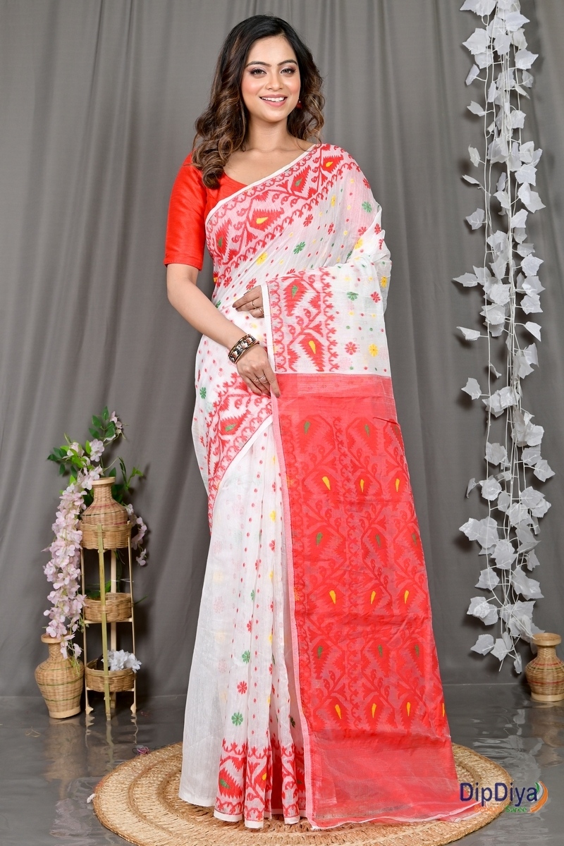 White Red Cotton Silk Parmix Hand Loom Saree (365)