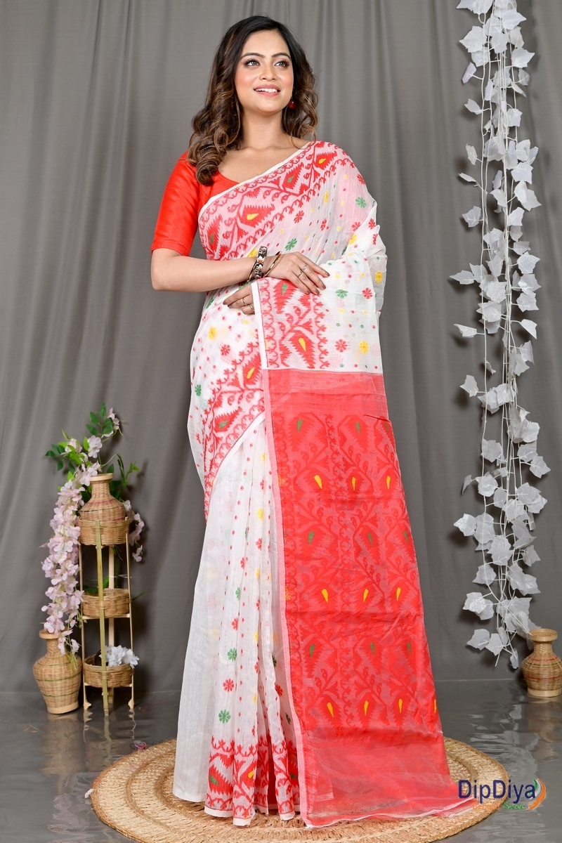 White Red Cotton Silk Parmix Hand Loom Saree (365)