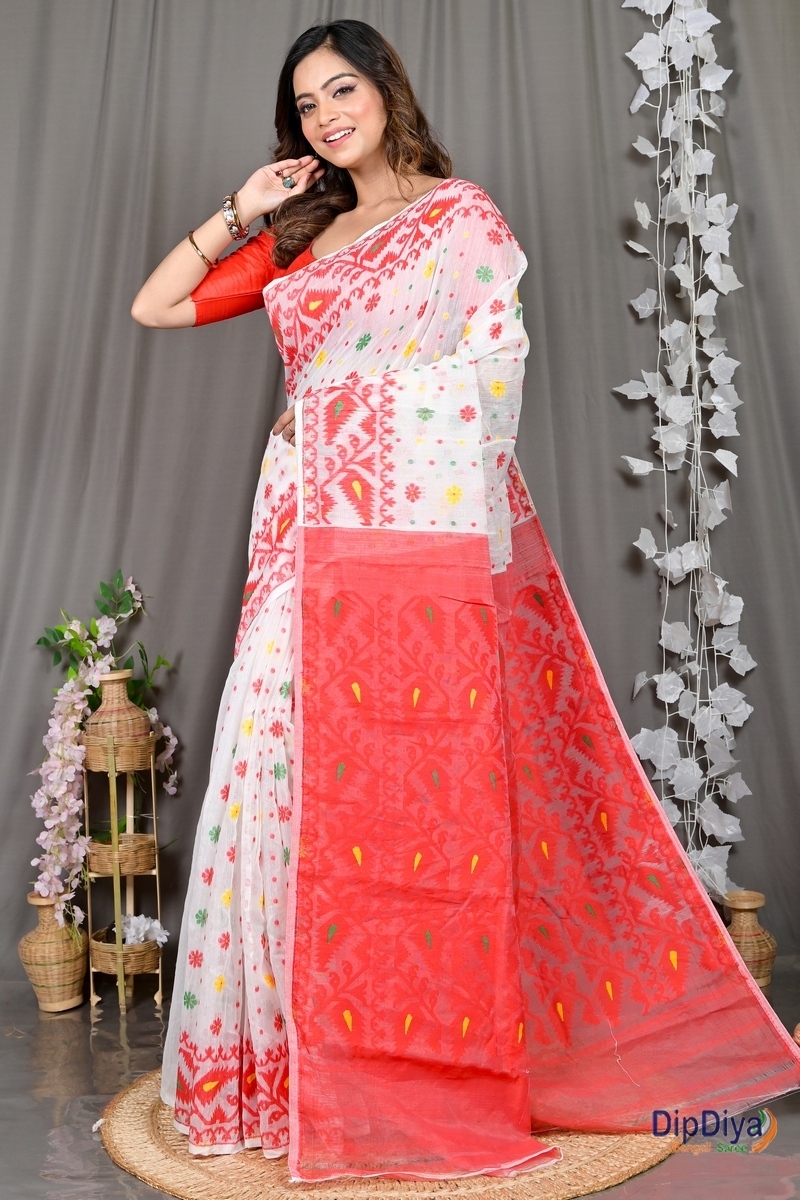 White Red Cotton Silk Parmix Hand Loom Saree (365)