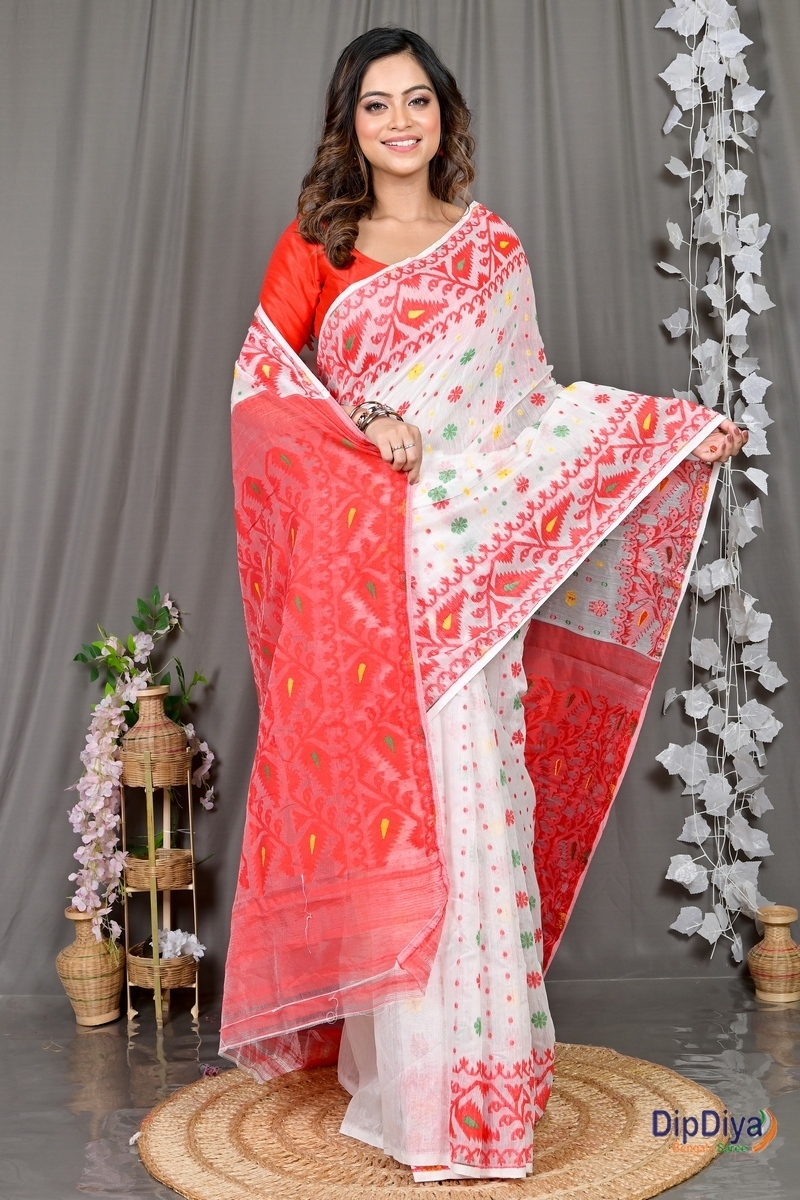 White Red Cotton Silk Parmix Hand Loom Saree (365)