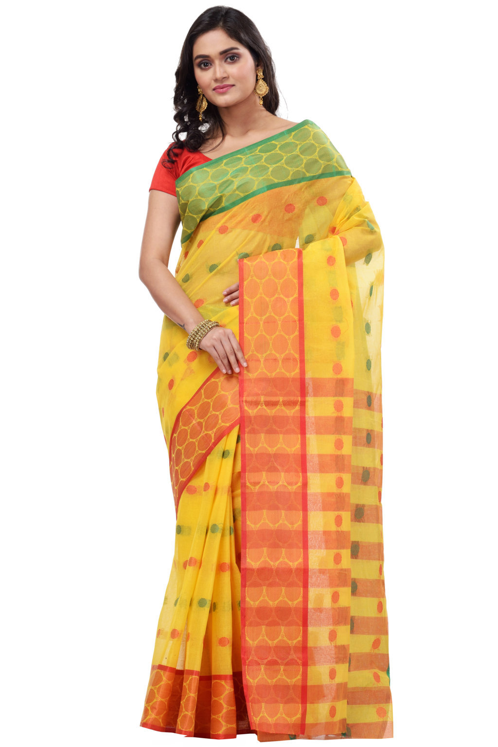 Yellow Pure Cotton Ganga Jamuna Tant Saree (366)