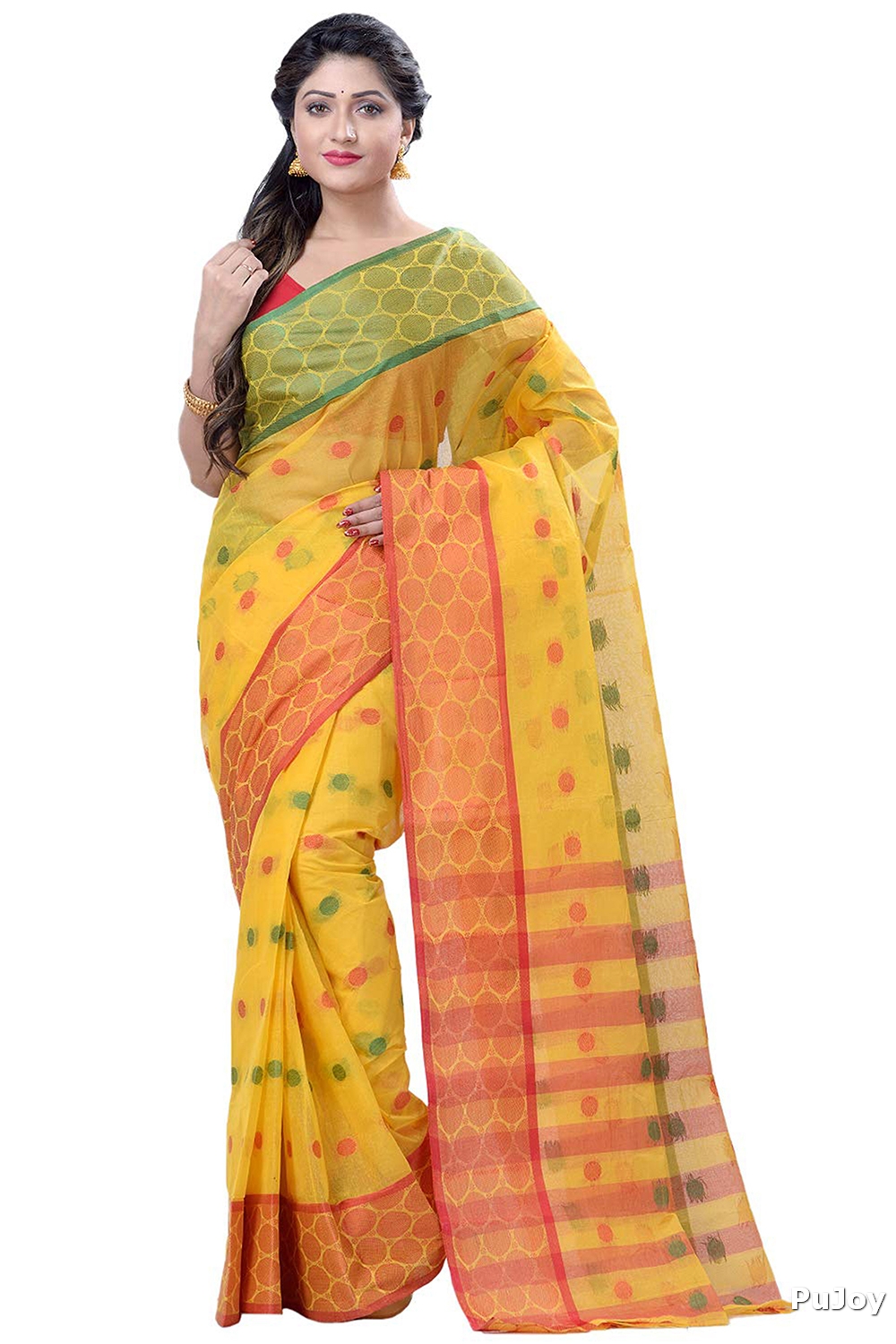 Yellow Pure Cotton Ganga Jamuna Tant Saree (366)