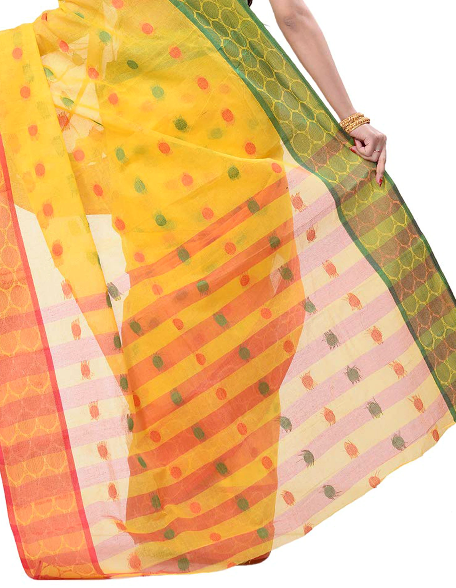 Yellow Pure Cotton Ganga Jamuna Tant Saree (366)