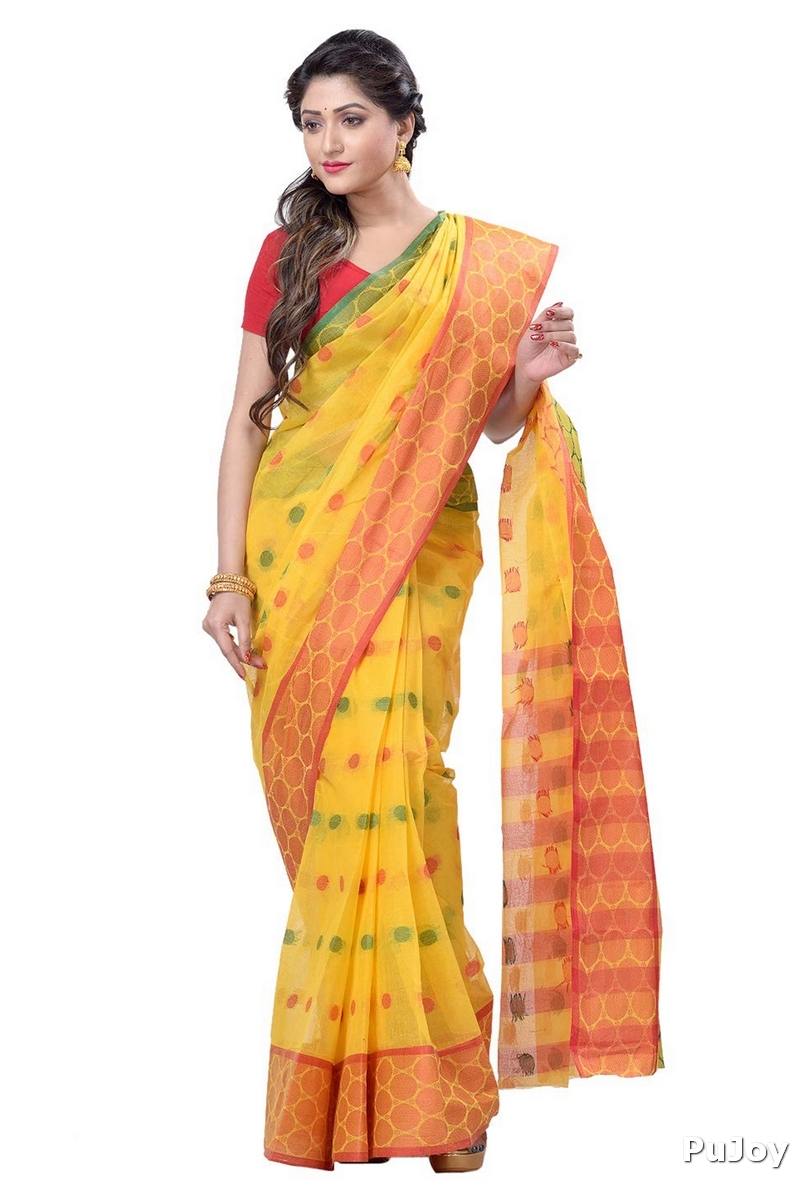 Yellow Pure Cotton Ganga Jamuna Tant Saree (366)