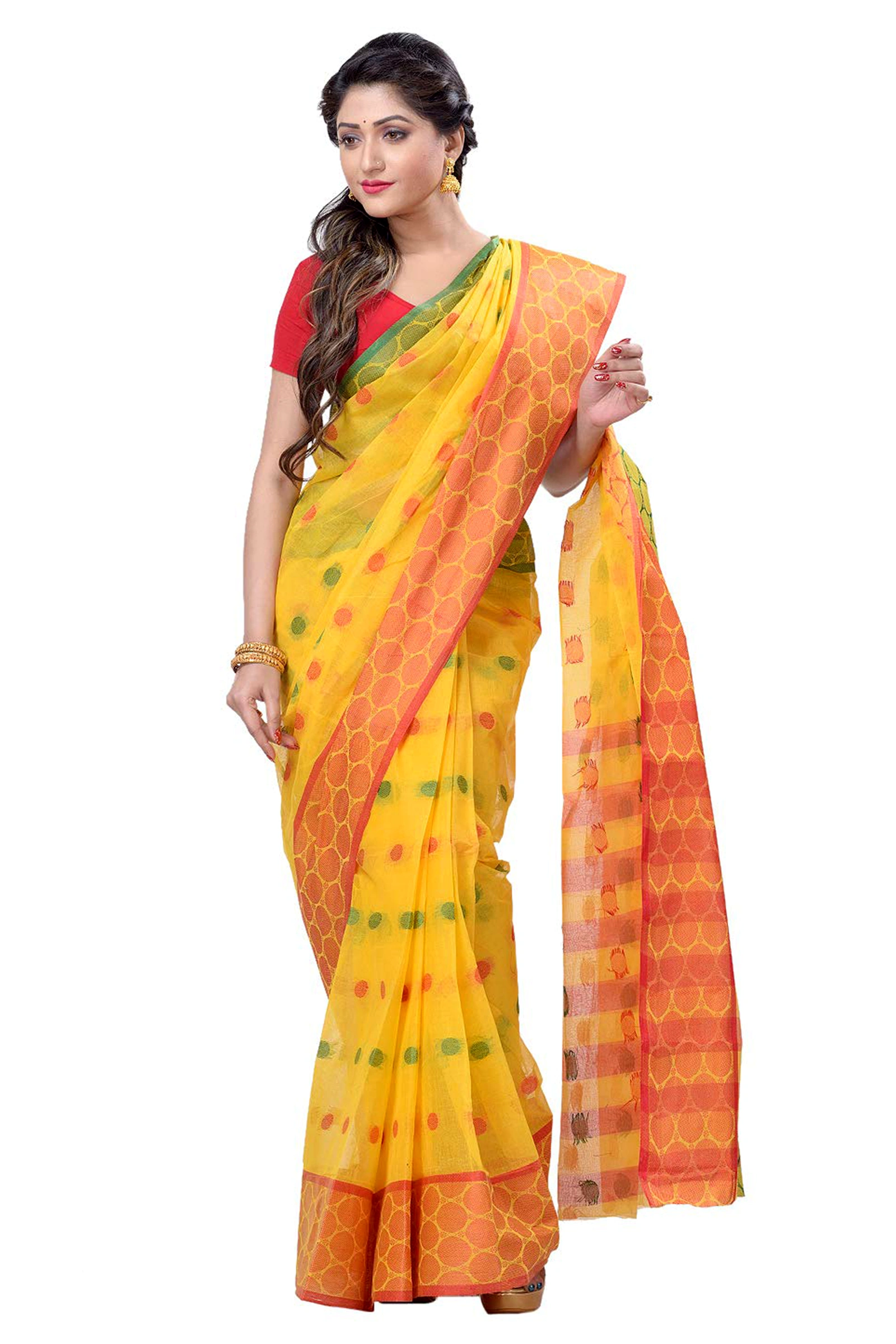 Yellow Pure Cotton Ganga Jamuna Tant Saree (366)
