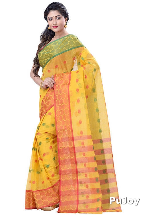 Yellow Pure Cotton Ganga Jamuna Tant Saree (366)