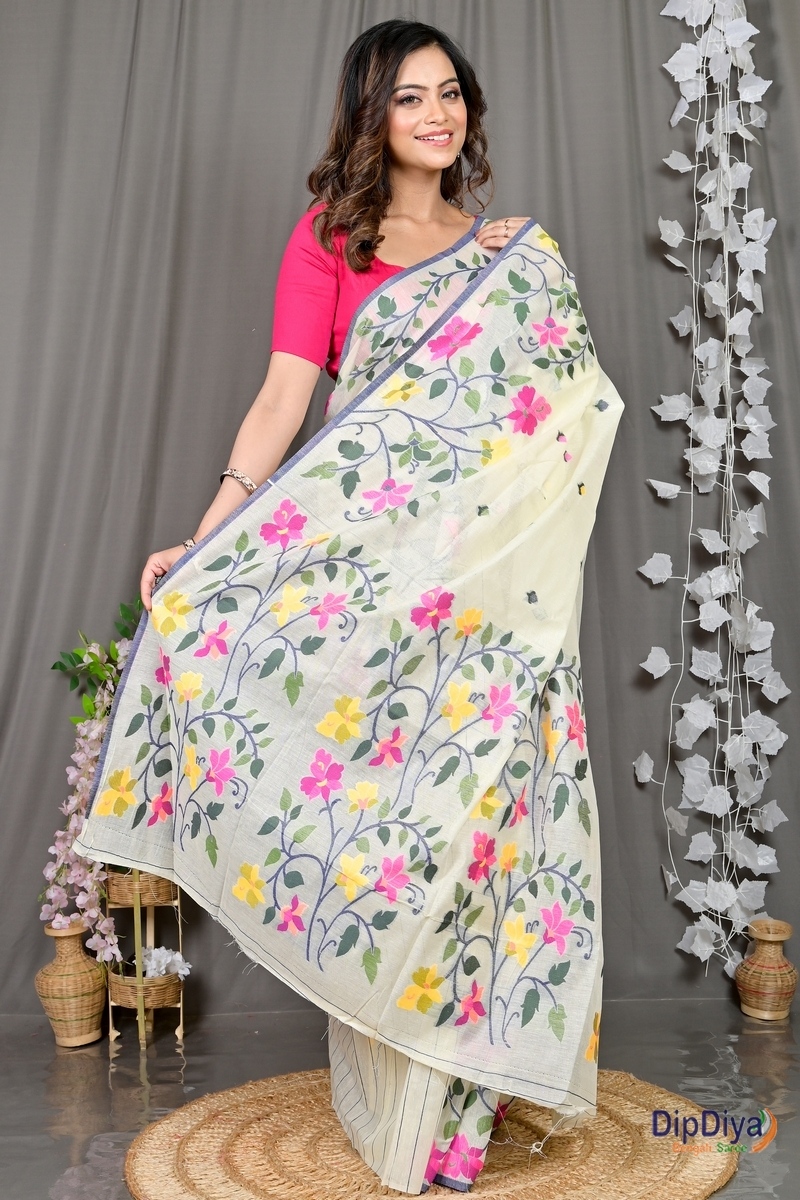 White Cotton Silk Parmix Hand Loom Saree (367)