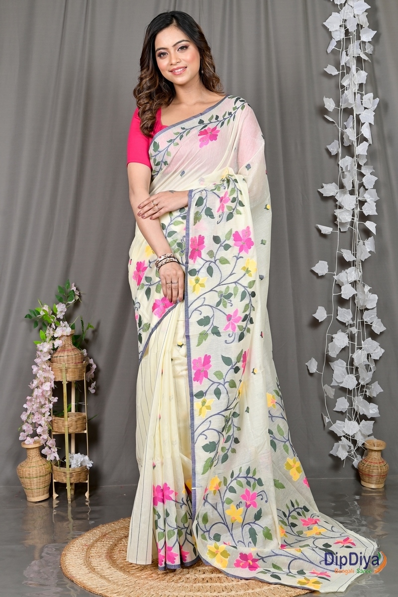 White Cotton Silk Parmix Hand Loom Saree (367)