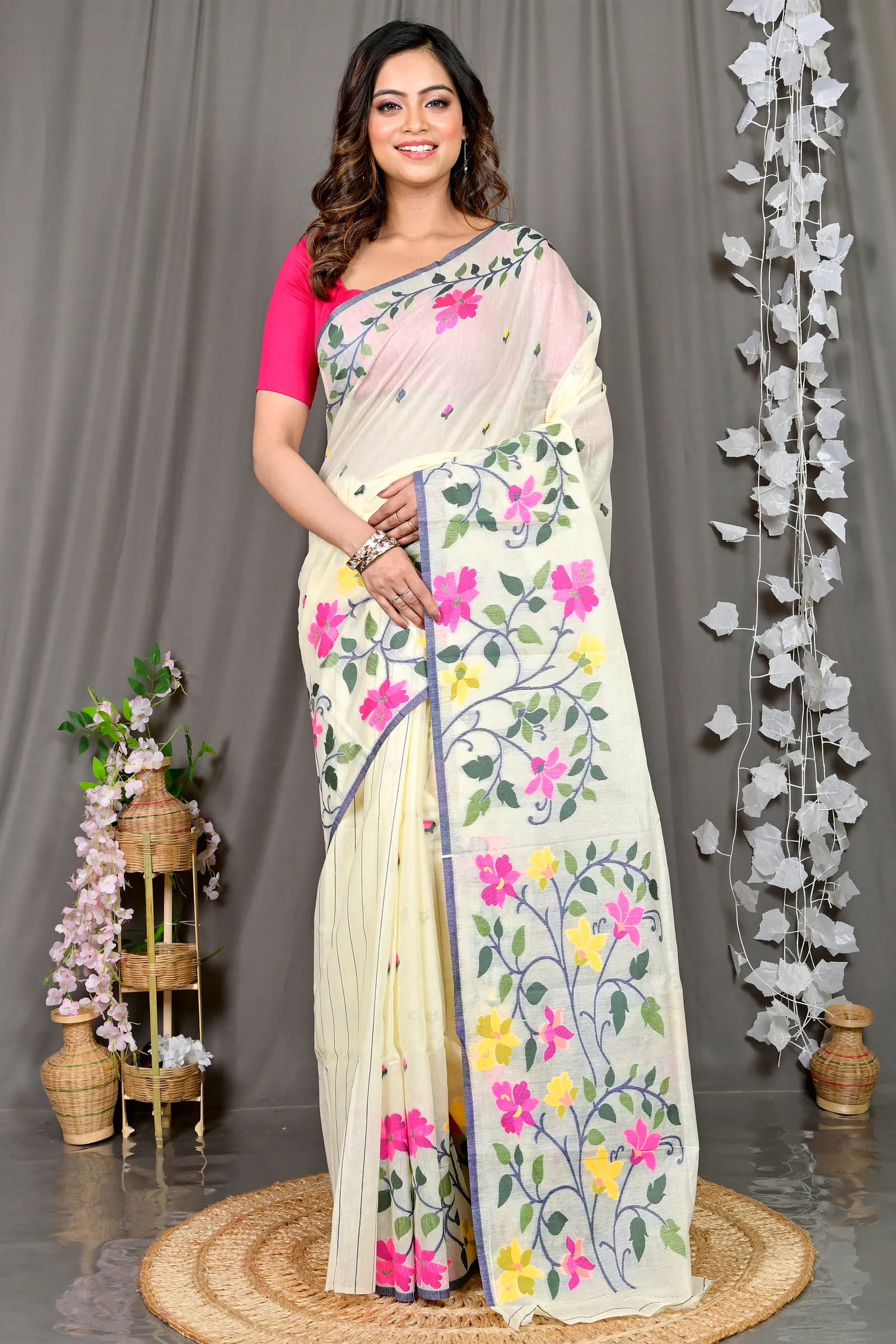 White Cotton Silk Parmix Hand Loom Saree (367)