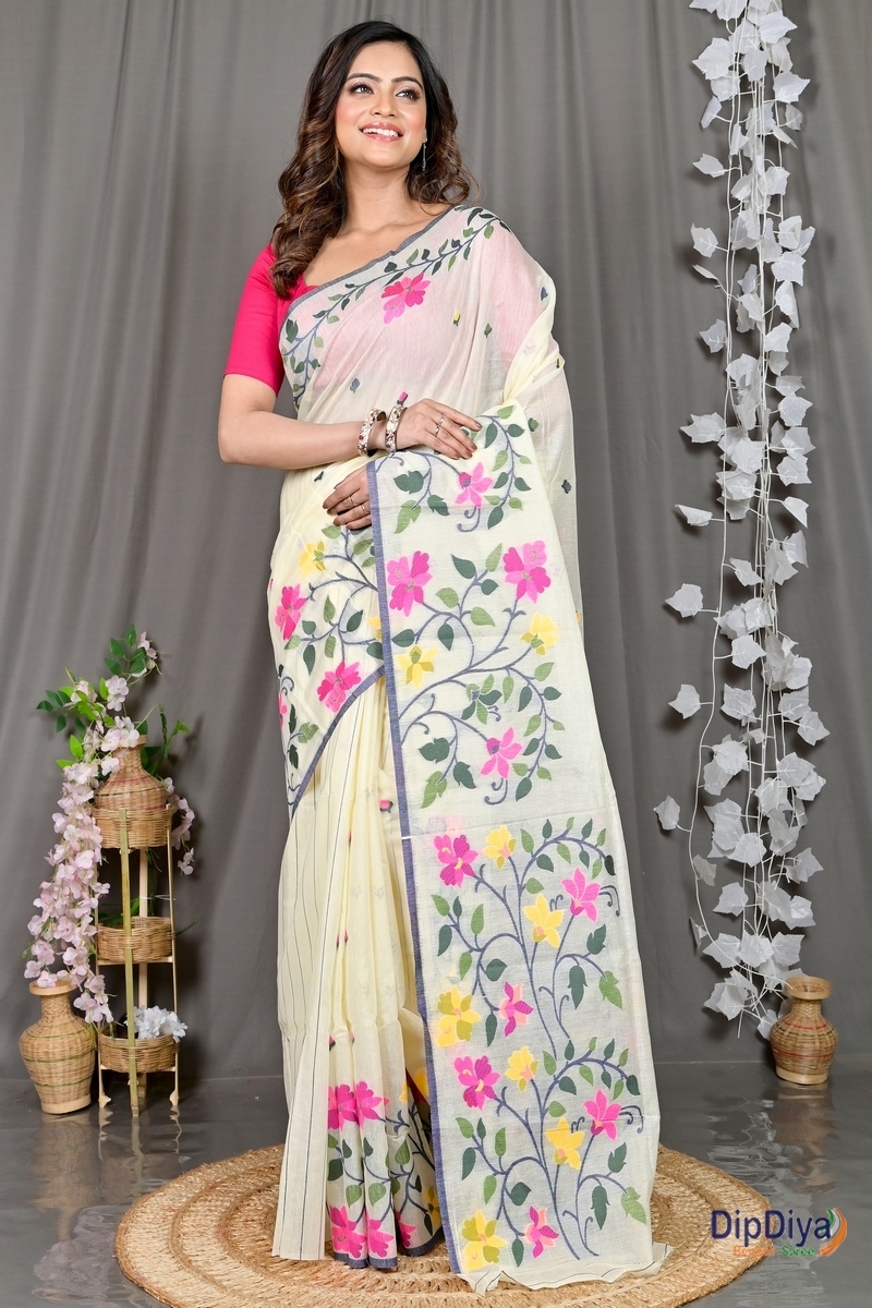 White Cotton Silk Parmix Hand Loom Saree (367)