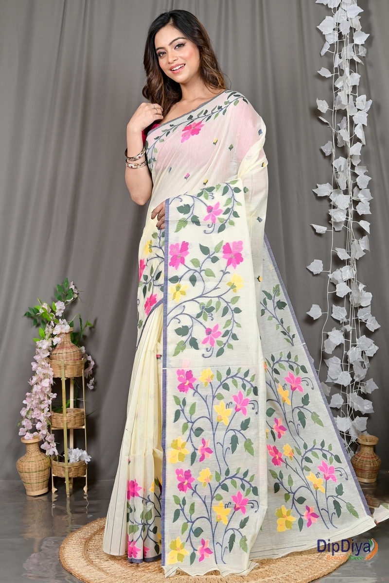 White Cotton Silk Parmix Hand Loom Saree (367)