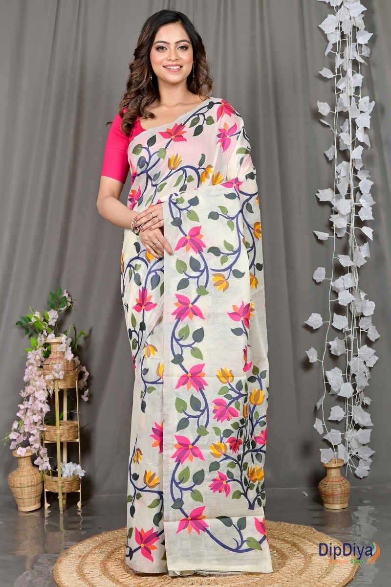 White Cotton Silk Parmix Hand Loom Saree (368)