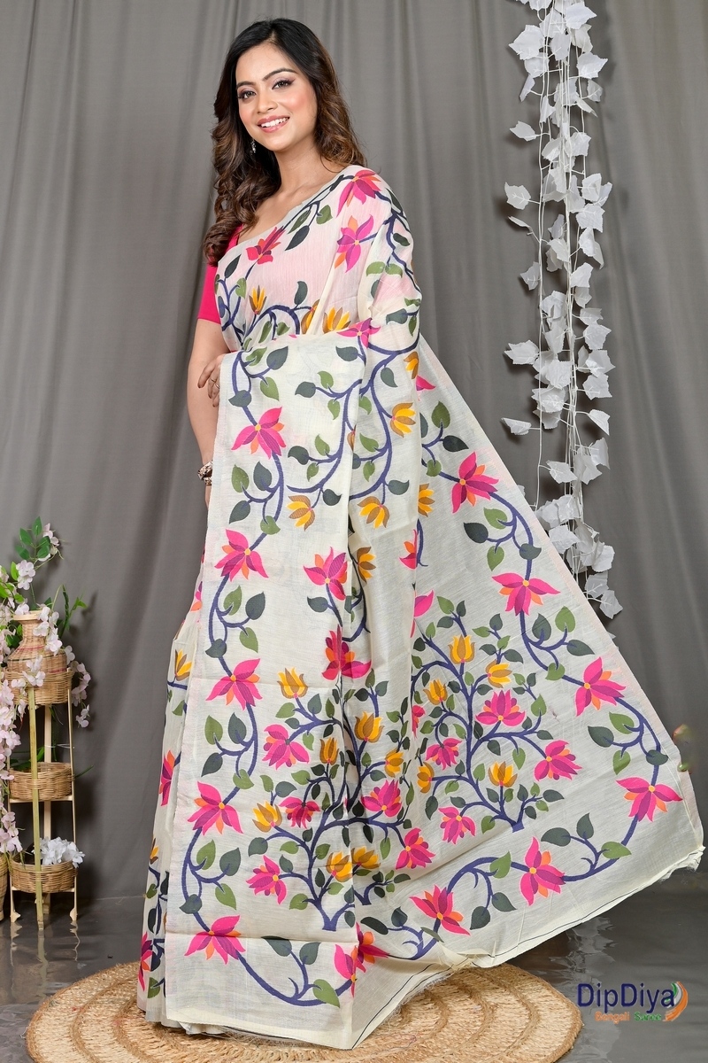 White Cotton Silk Parmix Hand Loom Saree (368)