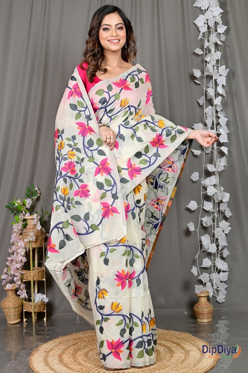 White Cotton Silk Parmix Hand Loom Saree (368)