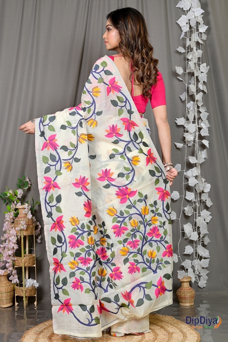 White Cotton Silk Parmix Hand Loom Saree (368)