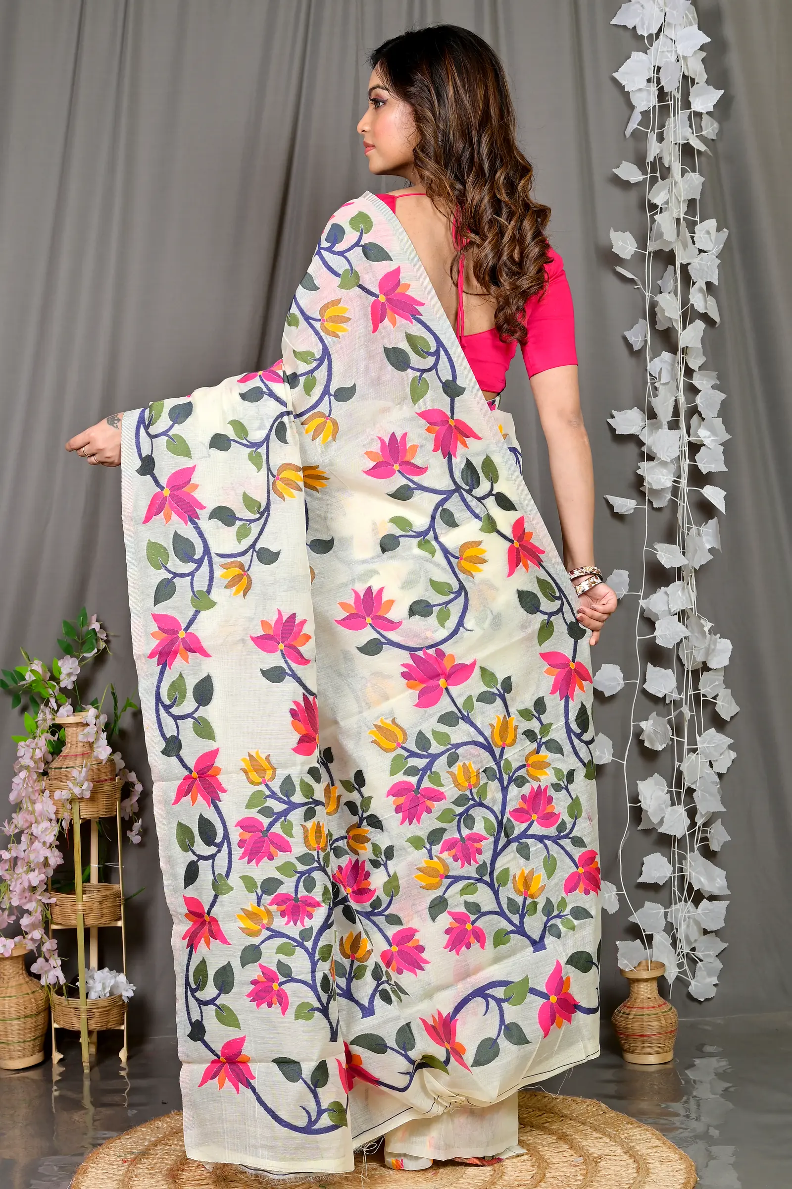 White Cotton Silk Parmix Hand Loom Saree (368)
