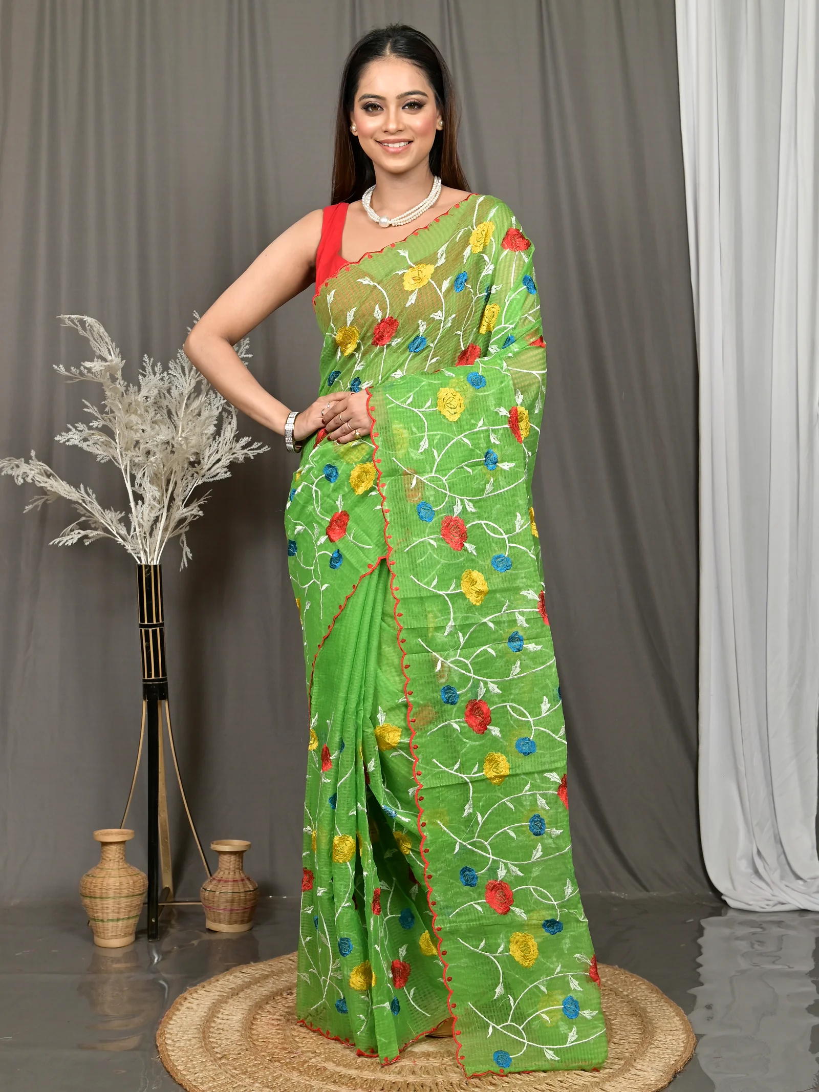 Green Cotton Kotambo Mix Kota Embroidery Saree  (37)