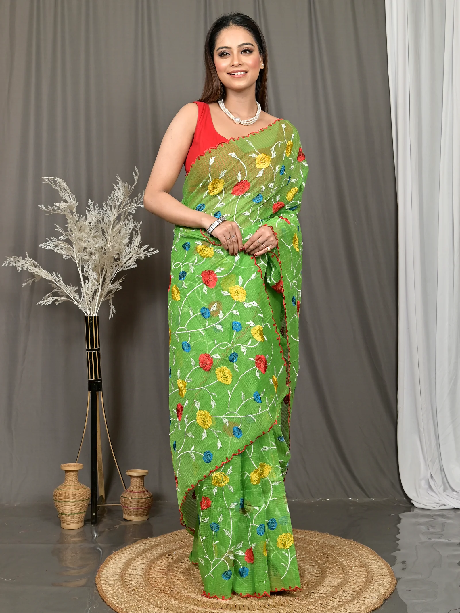 Green Cotton Kotambo Mix Kota Embroidery Saree  (37)