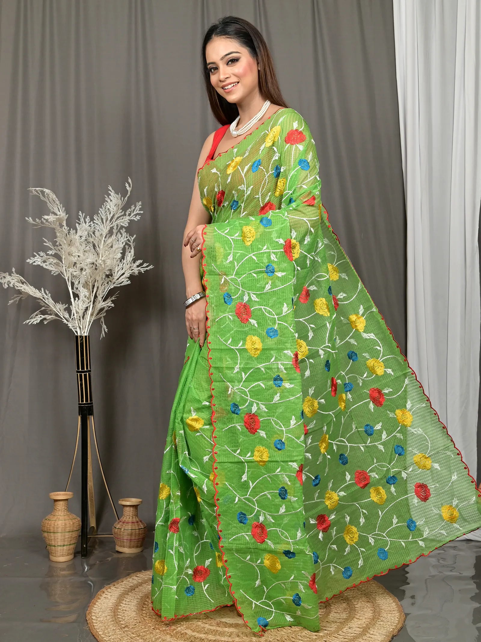 Green Cotton Kotambo Mix Kota Embroidery Saree  (37)