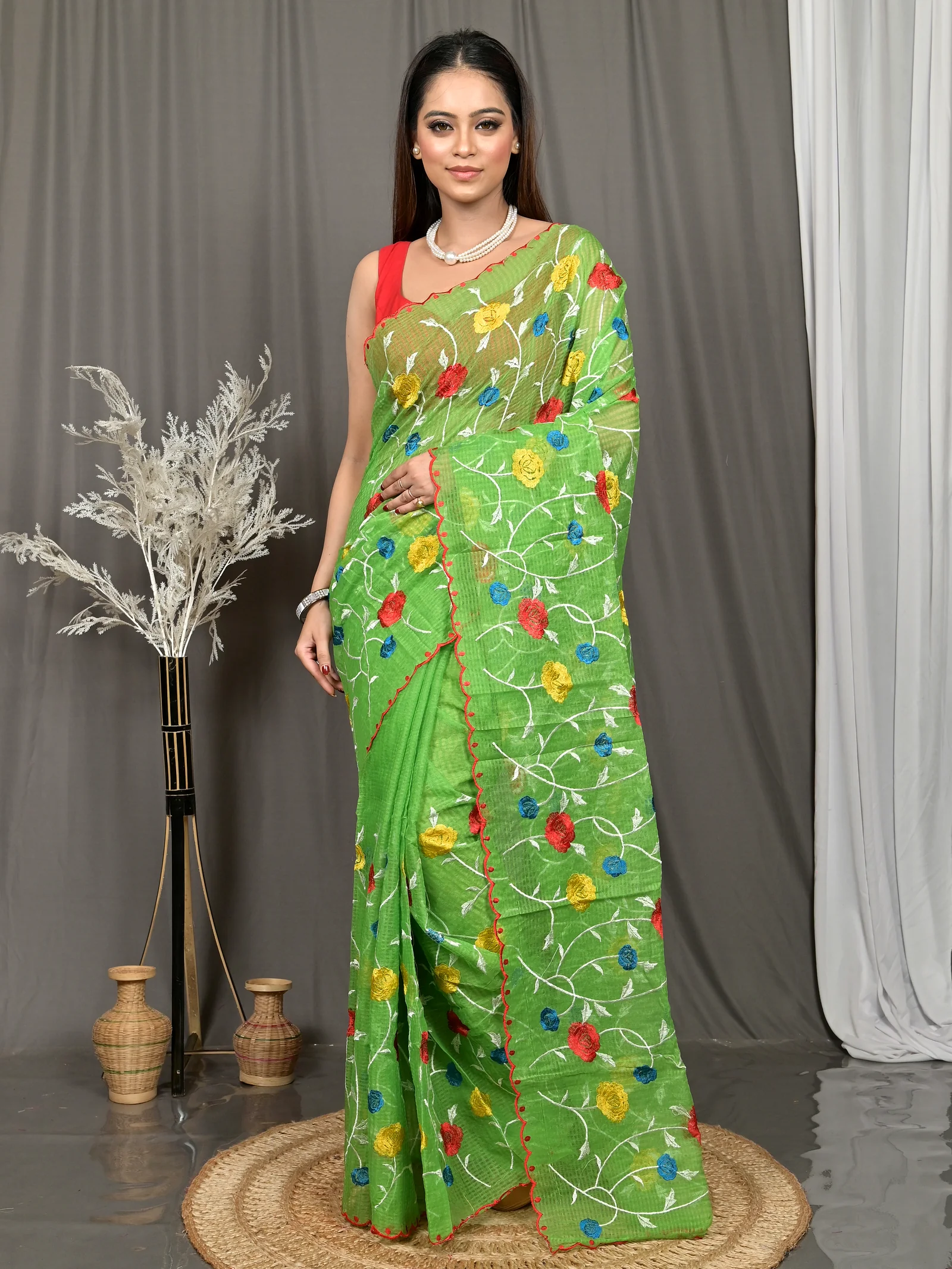 Green Cotton Kotambo Mix Kota Embroidery Saree  (37)
