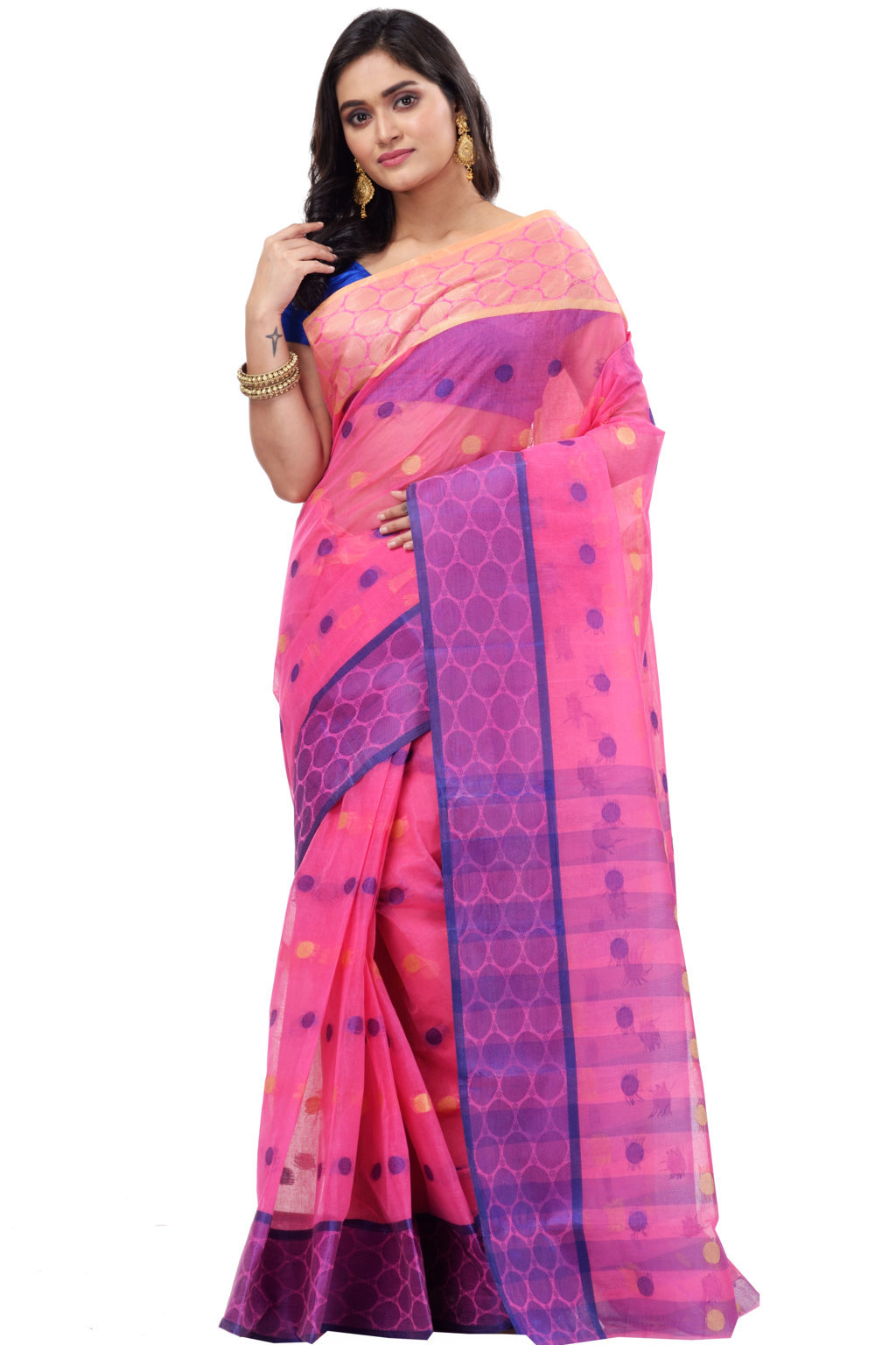 Pink Pure Cotton Ganga Jamuna Tant Saree (371)